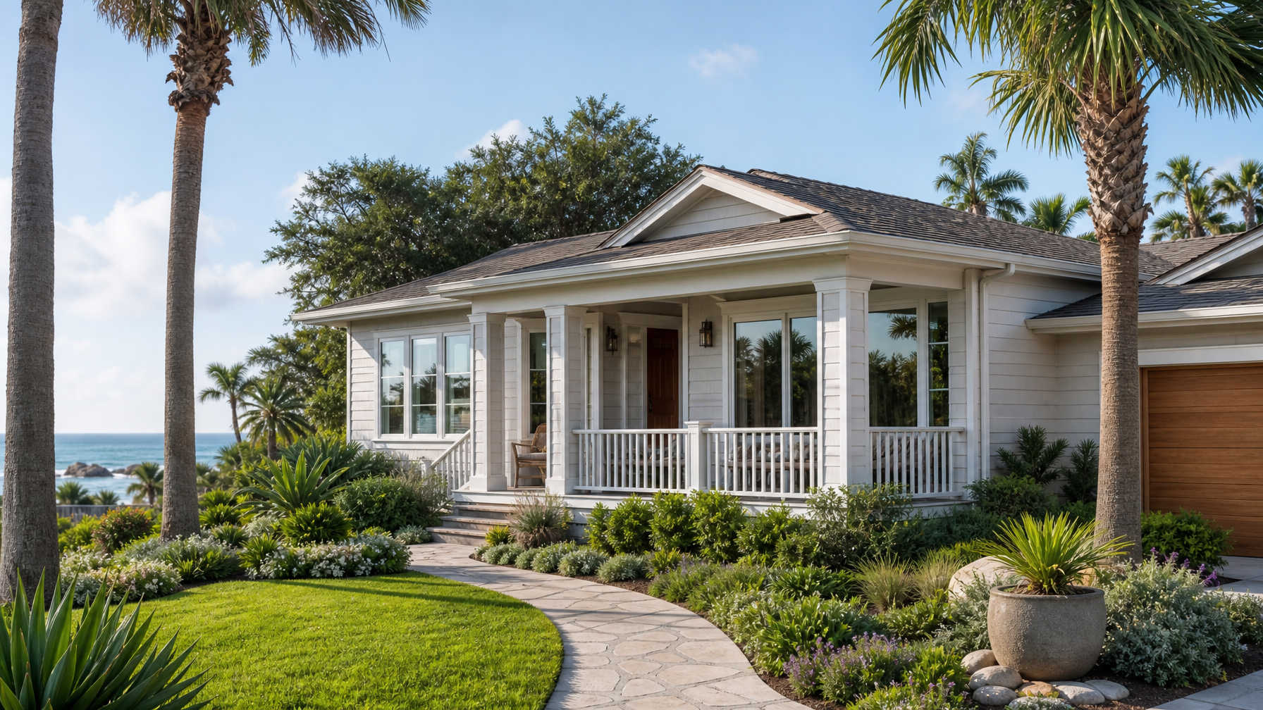 Attractive vacation house exterior in daylight with a landscaped front yard