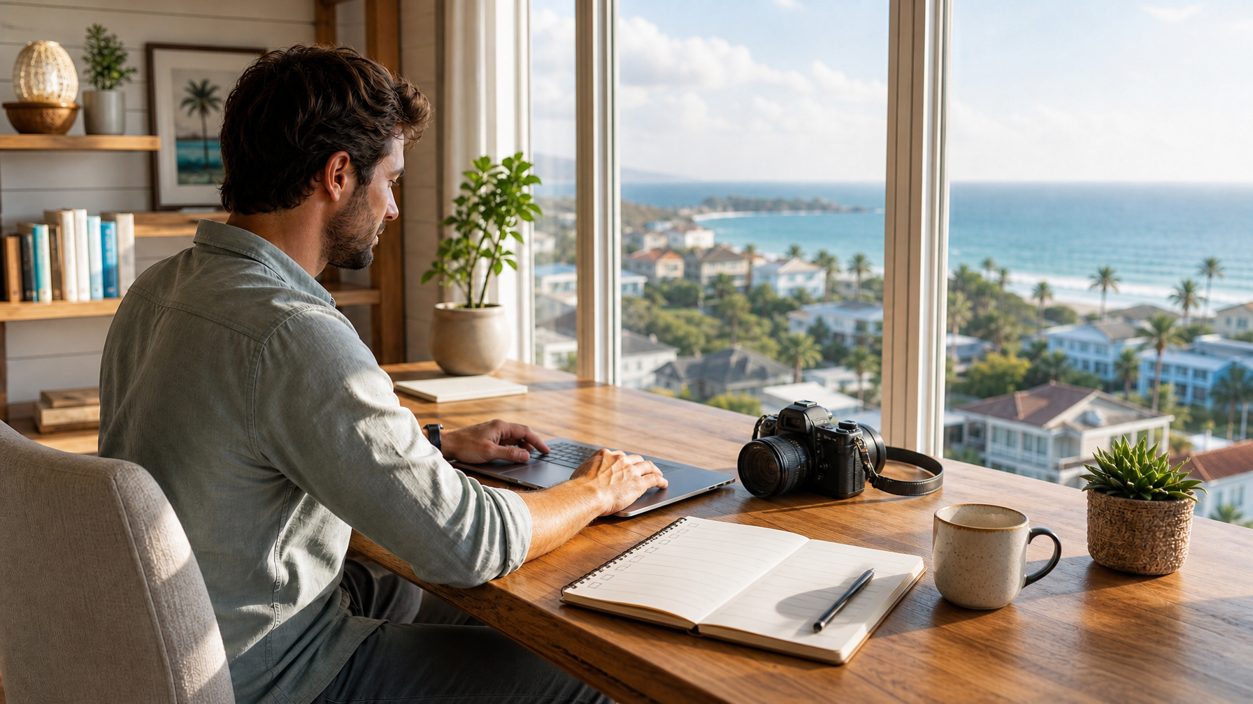 Open notebook checklist and camera on a wooden table beside a vacation rental window