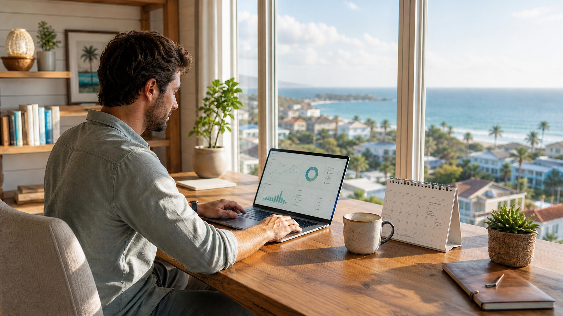 Laptop and calendar on a desk in a vacation home office with natural light