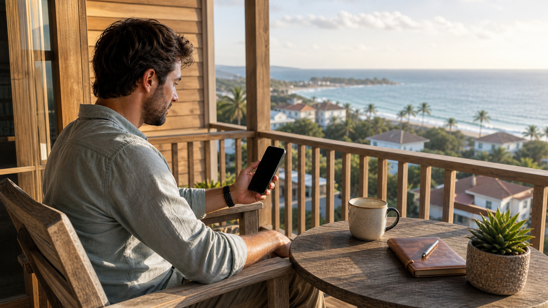 Traveler holding a smartphone with a dark screen on a wooden vacation rental porch