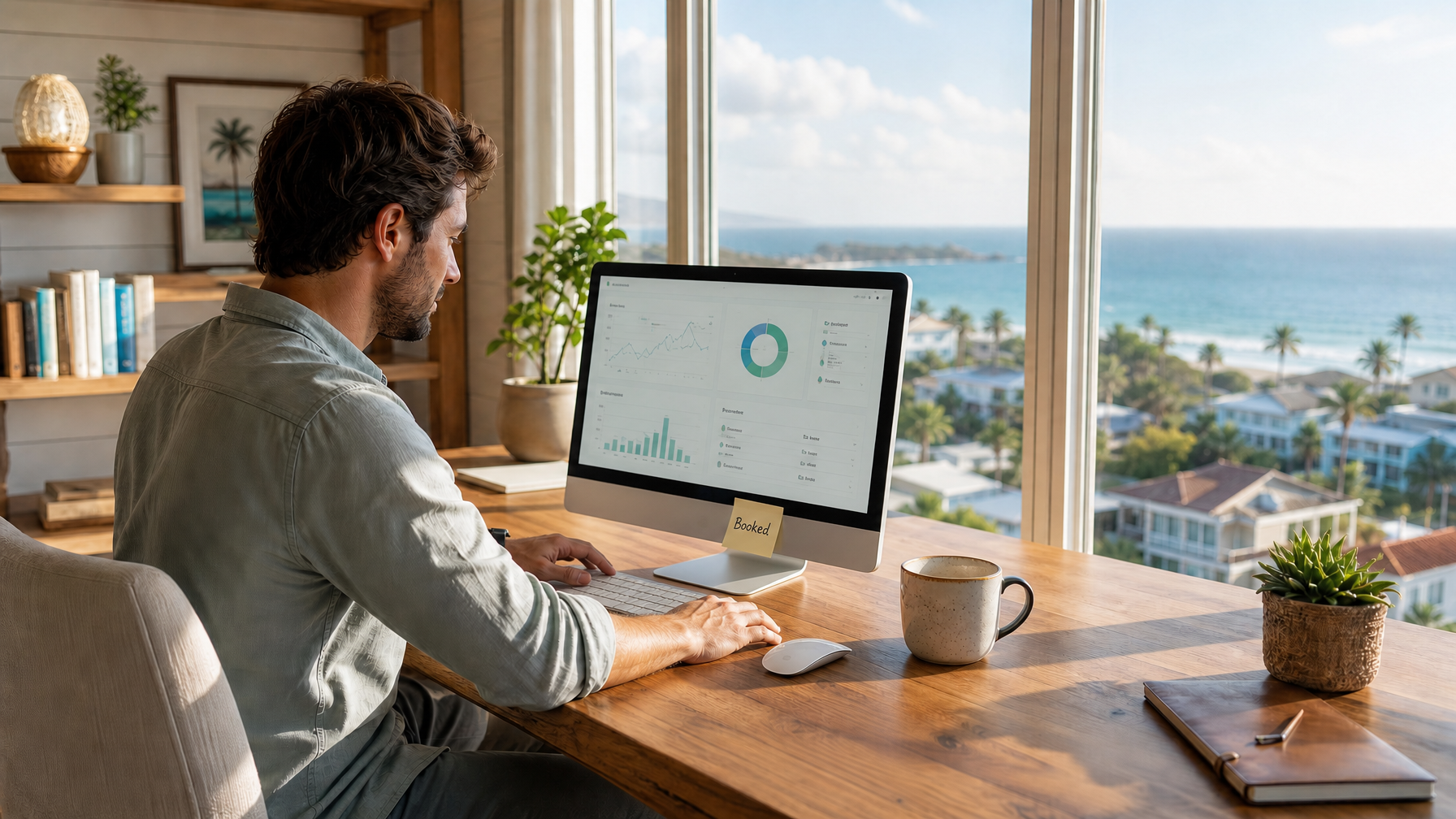 Desktop monitor with a handwritten sticky note that says Booked in a bright vacation rental office