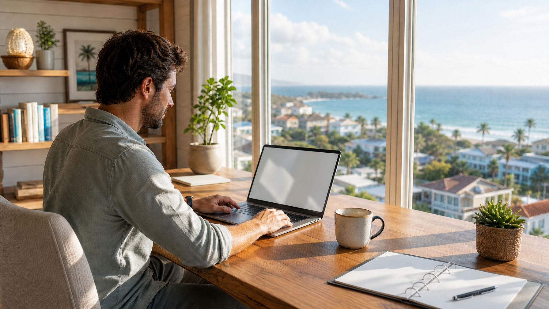 Binder and laptop on a dining table with coffee in soft light