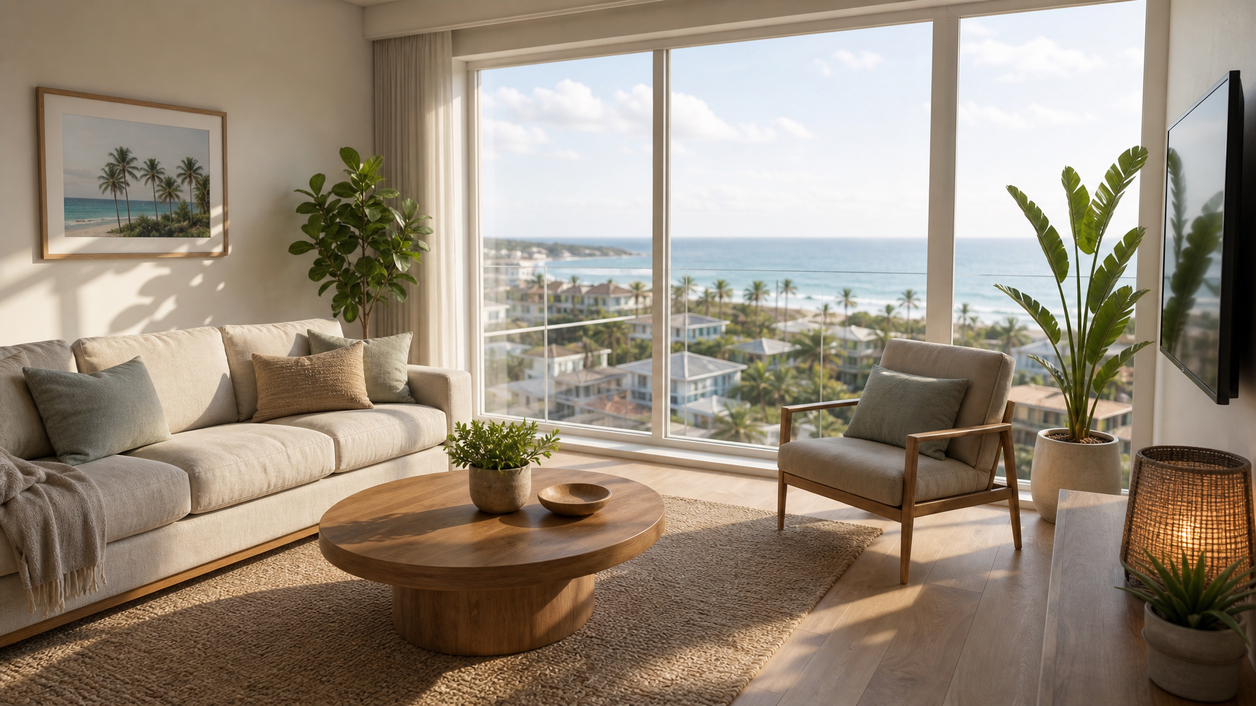 Tidy vacation rental living room with clear walkways and natural light