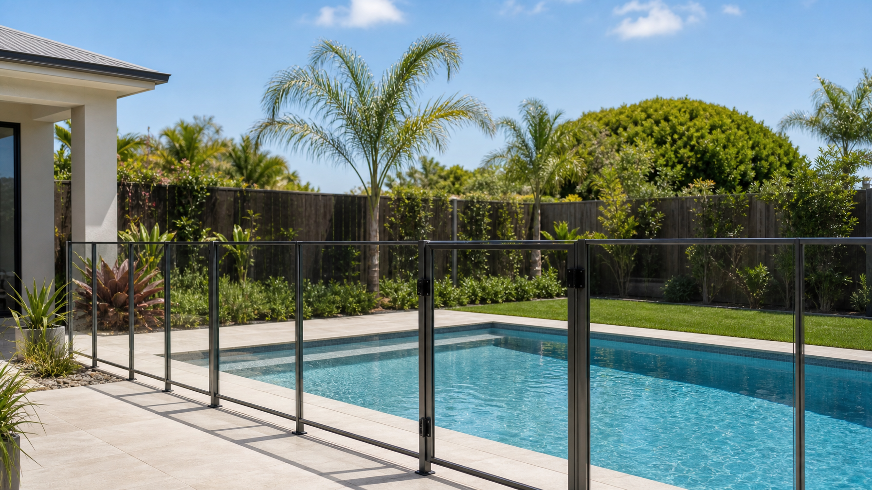 Residential backyard pool enclosed by a safety fence in daylight