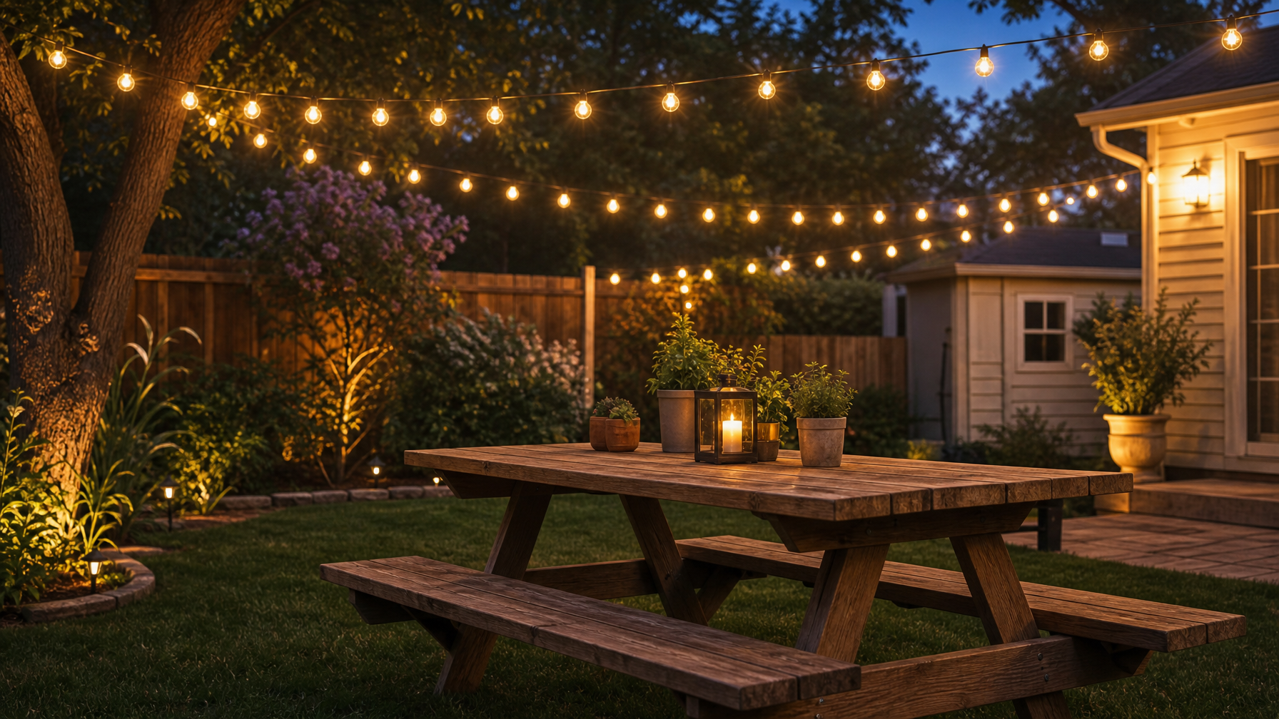 Backyard string lights over a picnic table on a Texas evening
