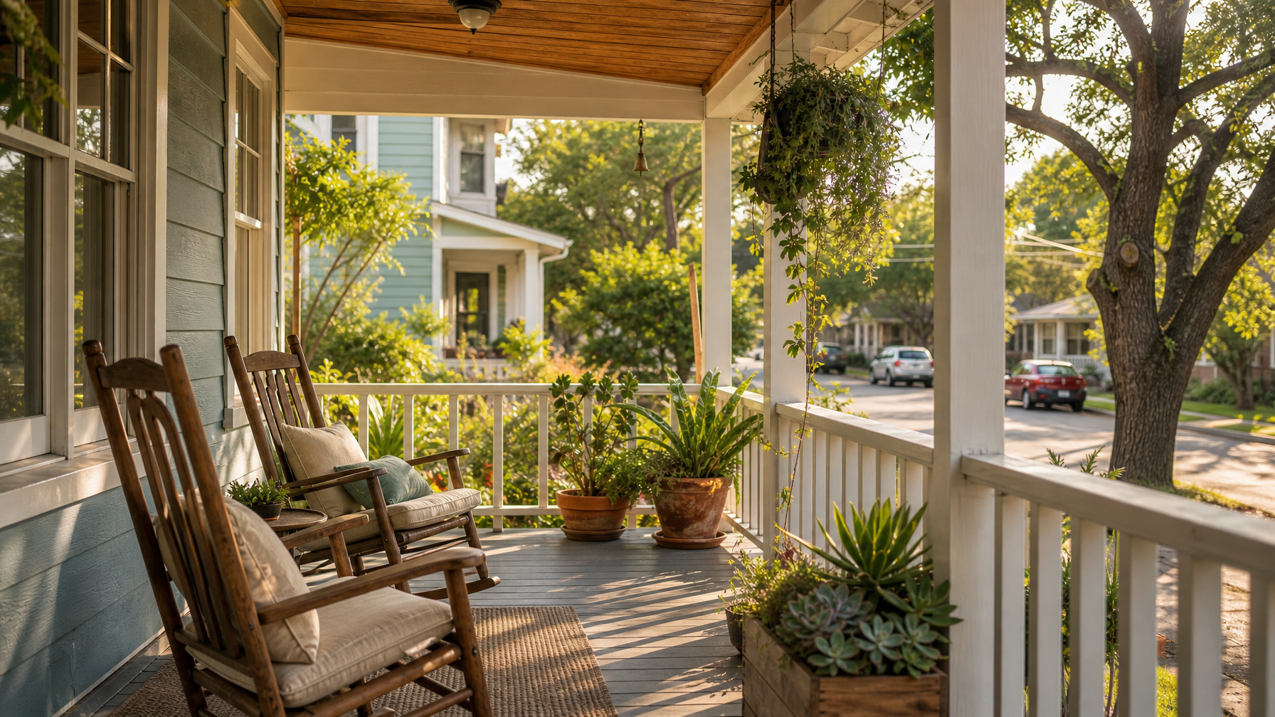 Colorful East Austin bungalow porch with rocking chairs in afternoon light