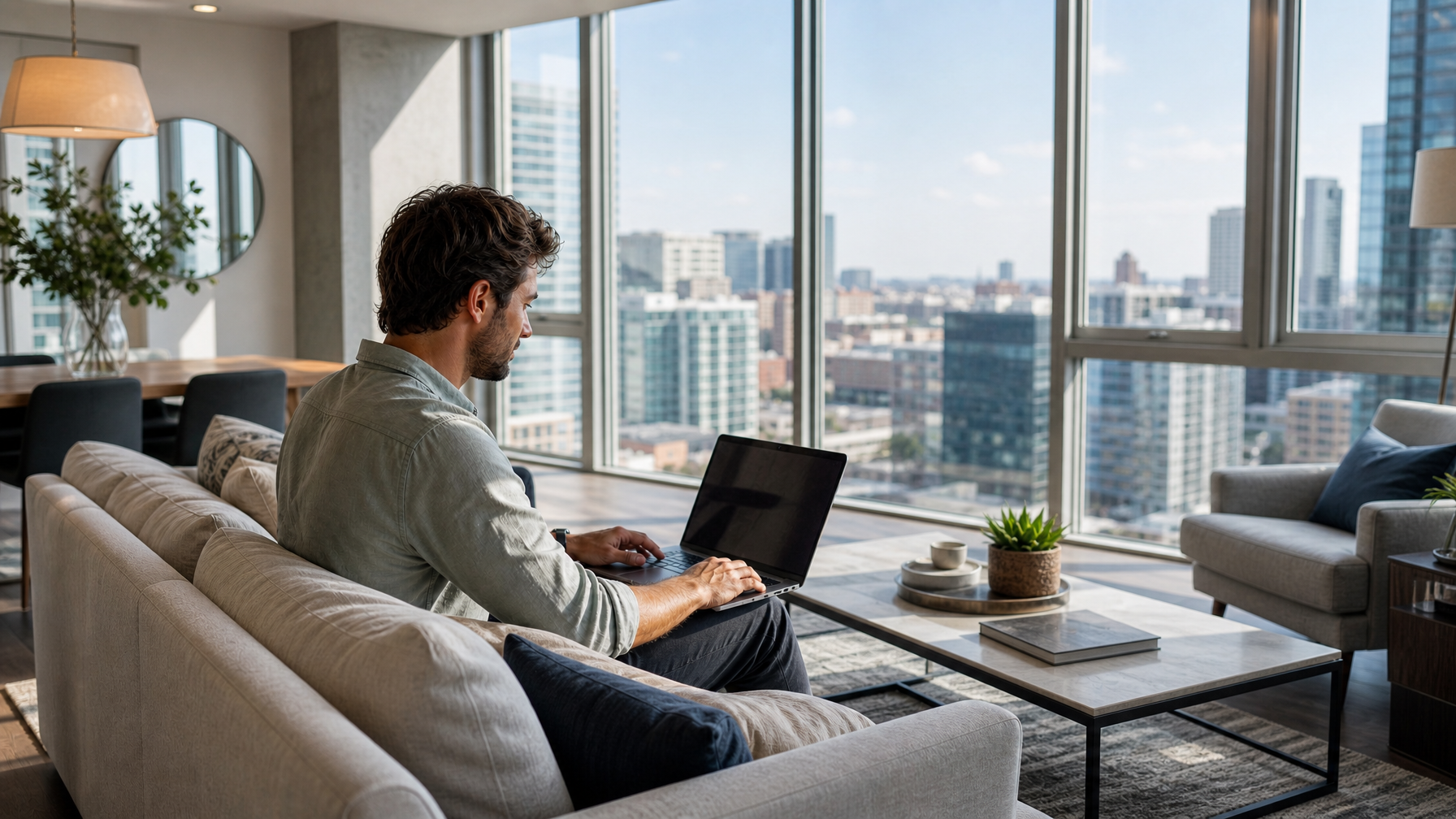 Bright downtown condo living room with a soft city view through large windows
