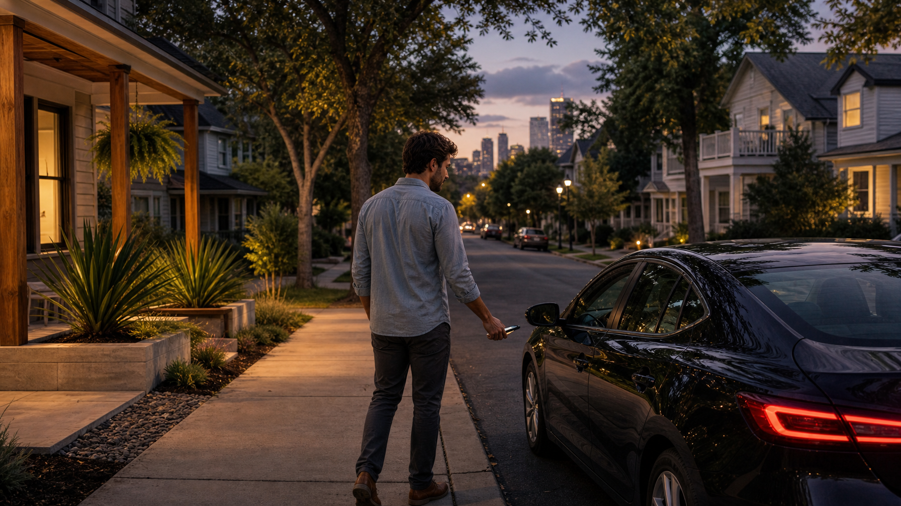 Quiet residential street at dusk ready for a ride-share pickup