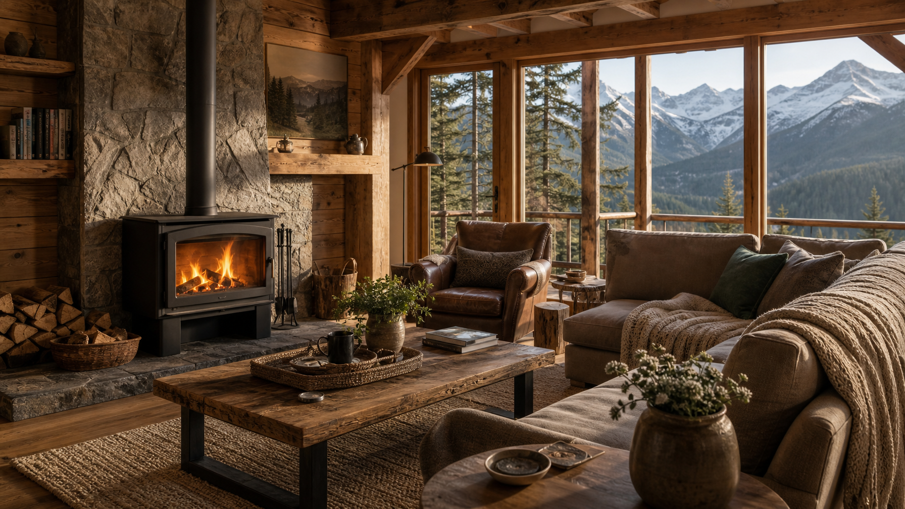 Mountain cabin living room with a wood stove and warm interior light