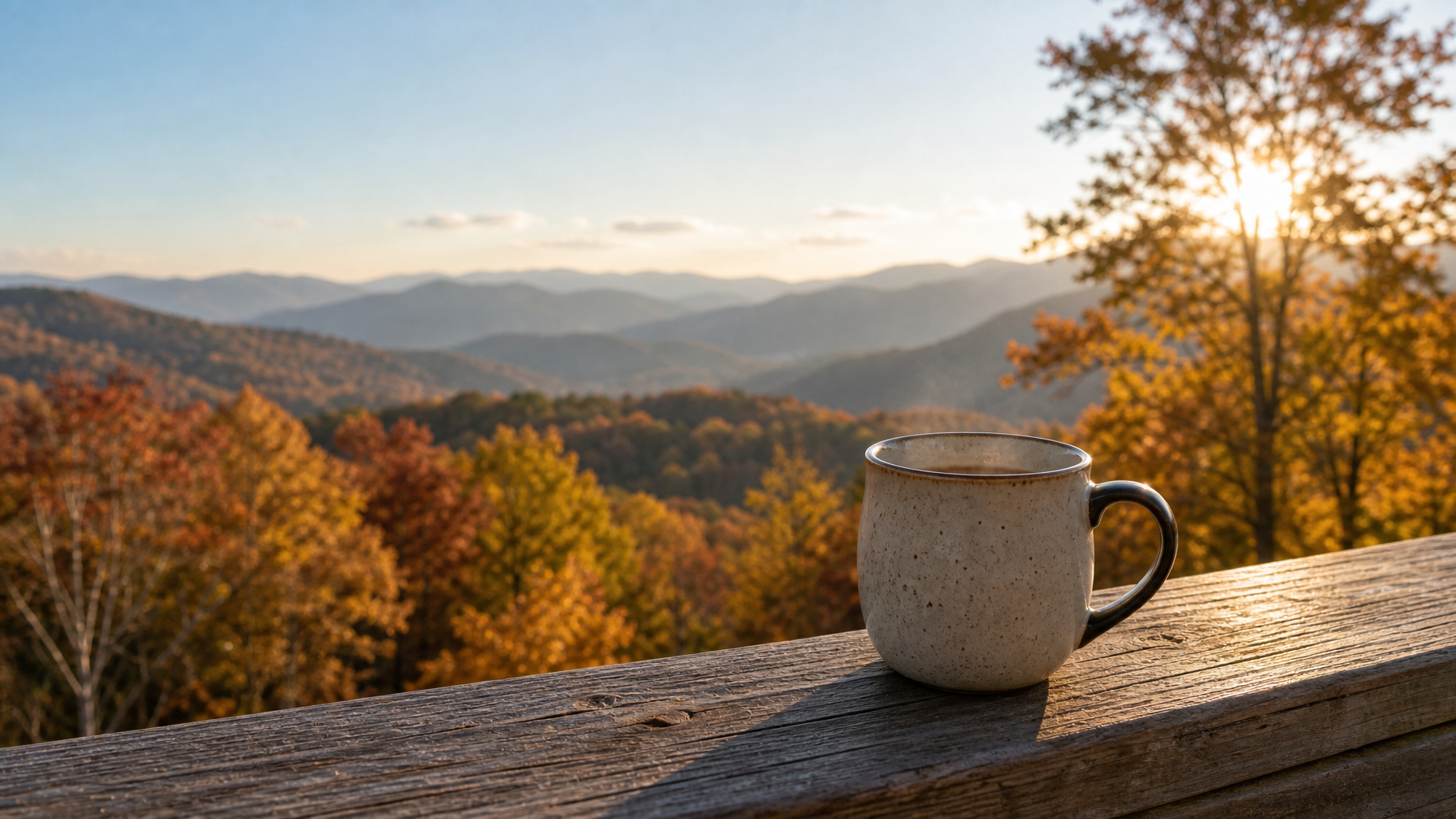 Coffee mug on a wooden deck railing with an autumn ridgeline morning view