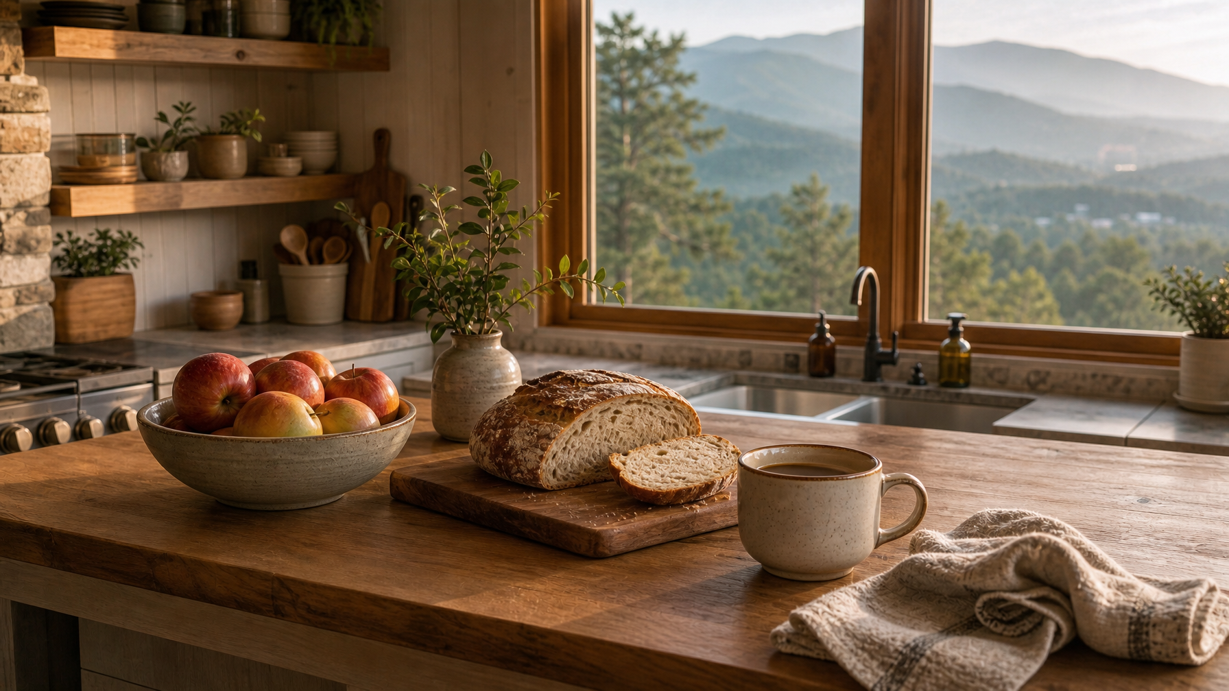Kitchen counter with apples, bread, and coffee in a mountain cabin