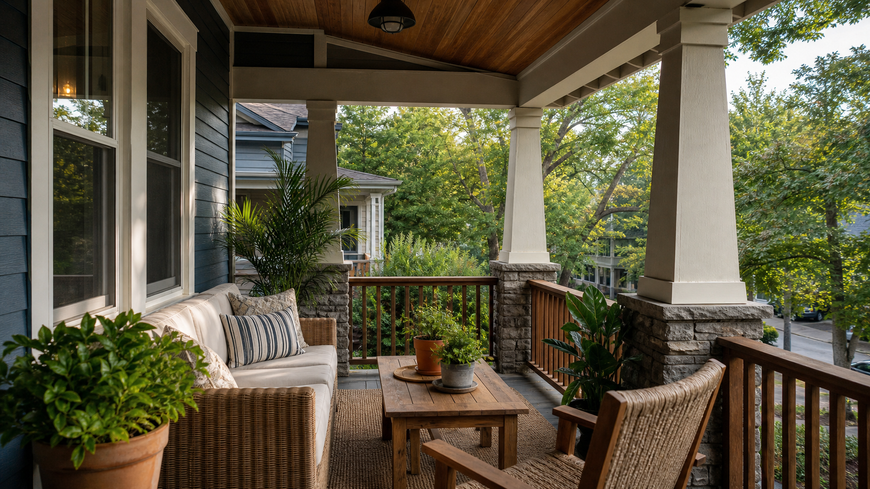 Craftsman bungalow porch with greenery in a West Asheville neighborhood