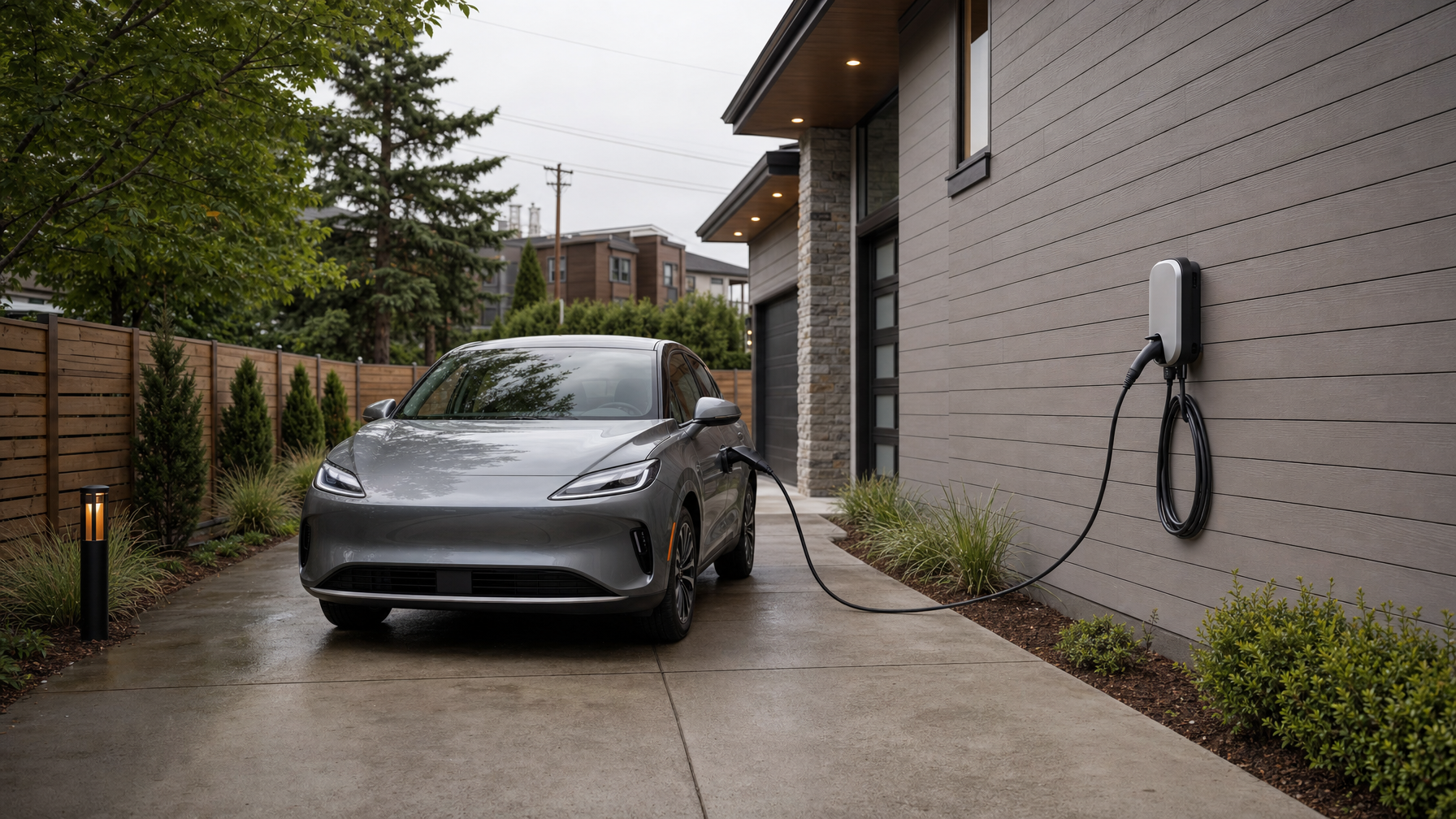 Residential driveway with wall-mounted EV charger and a compact electric car on an overcast day