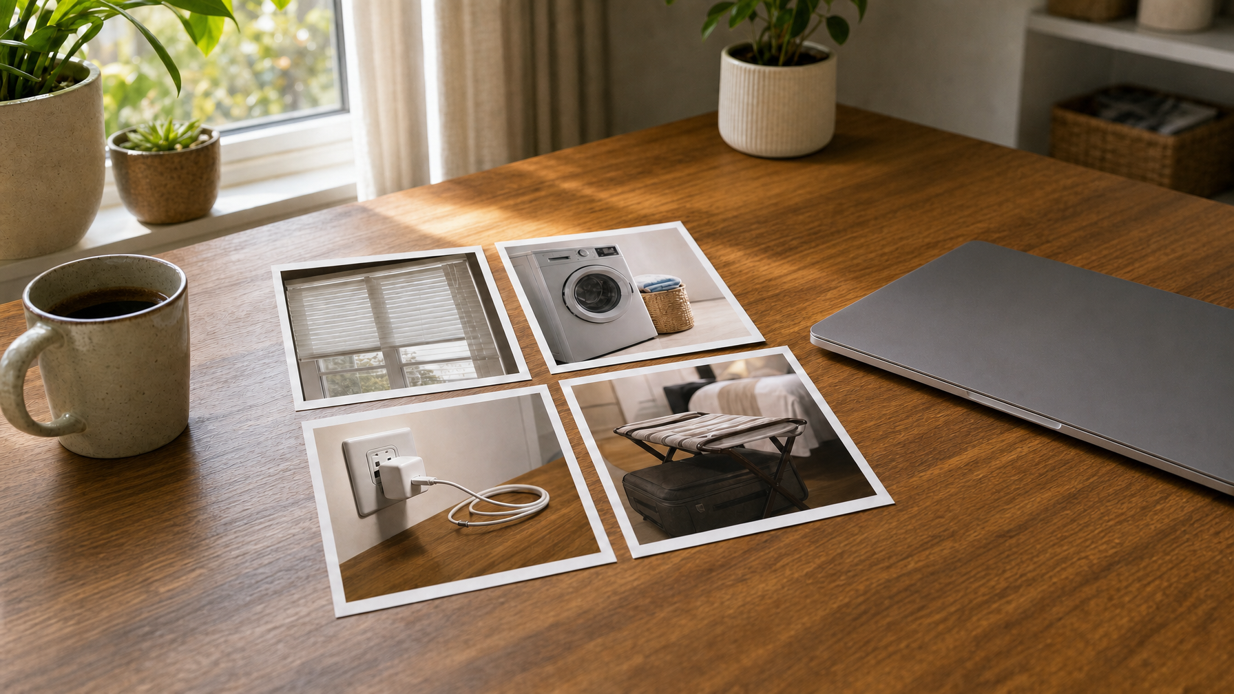 Printed upgrade photos of blinds, laundry, charger, and luggage bench on a host desk beside a laptop