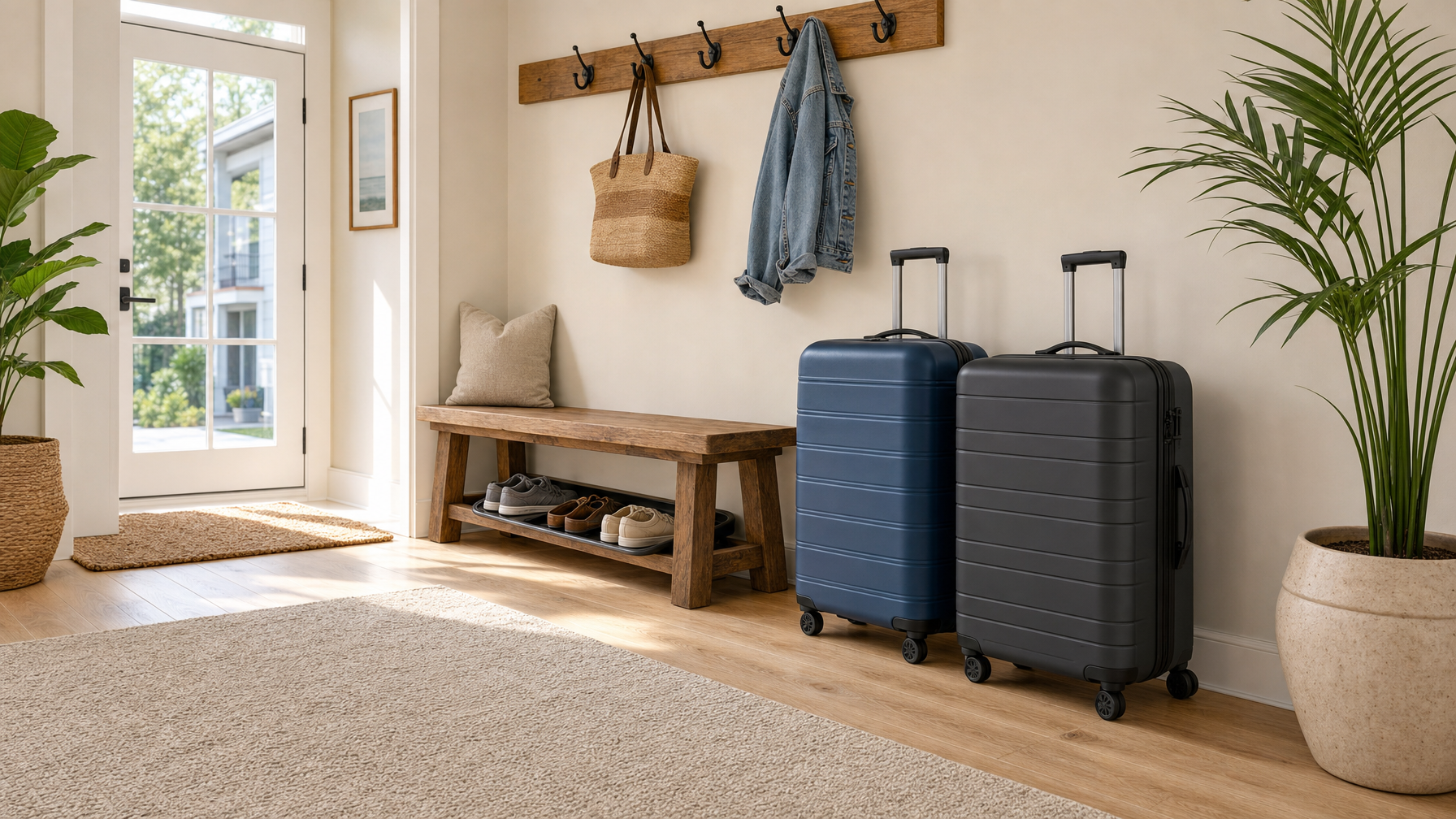 Residential entryway with wood bench, wall hooks, shoe tray, and two large suitcases