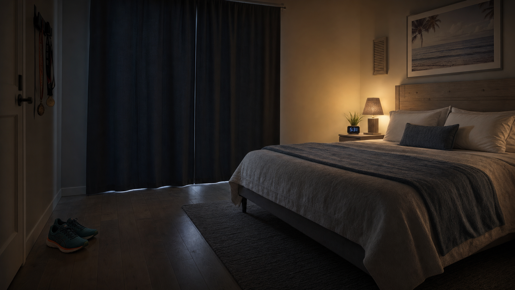 Pre-dawn vacation rental bedroom with blackout curtains, soft lamp, and running shoes by the door