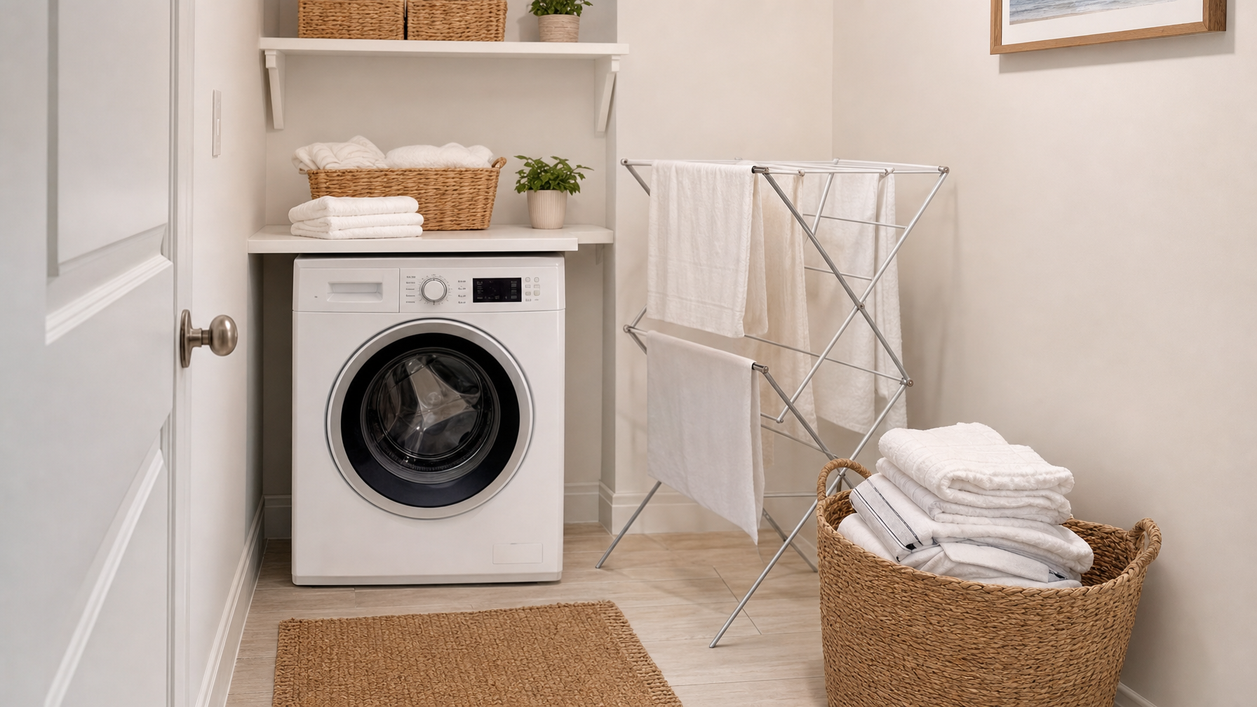 Compact vacation rental laundry with washer, drying rack, and linen basket ready for event turns