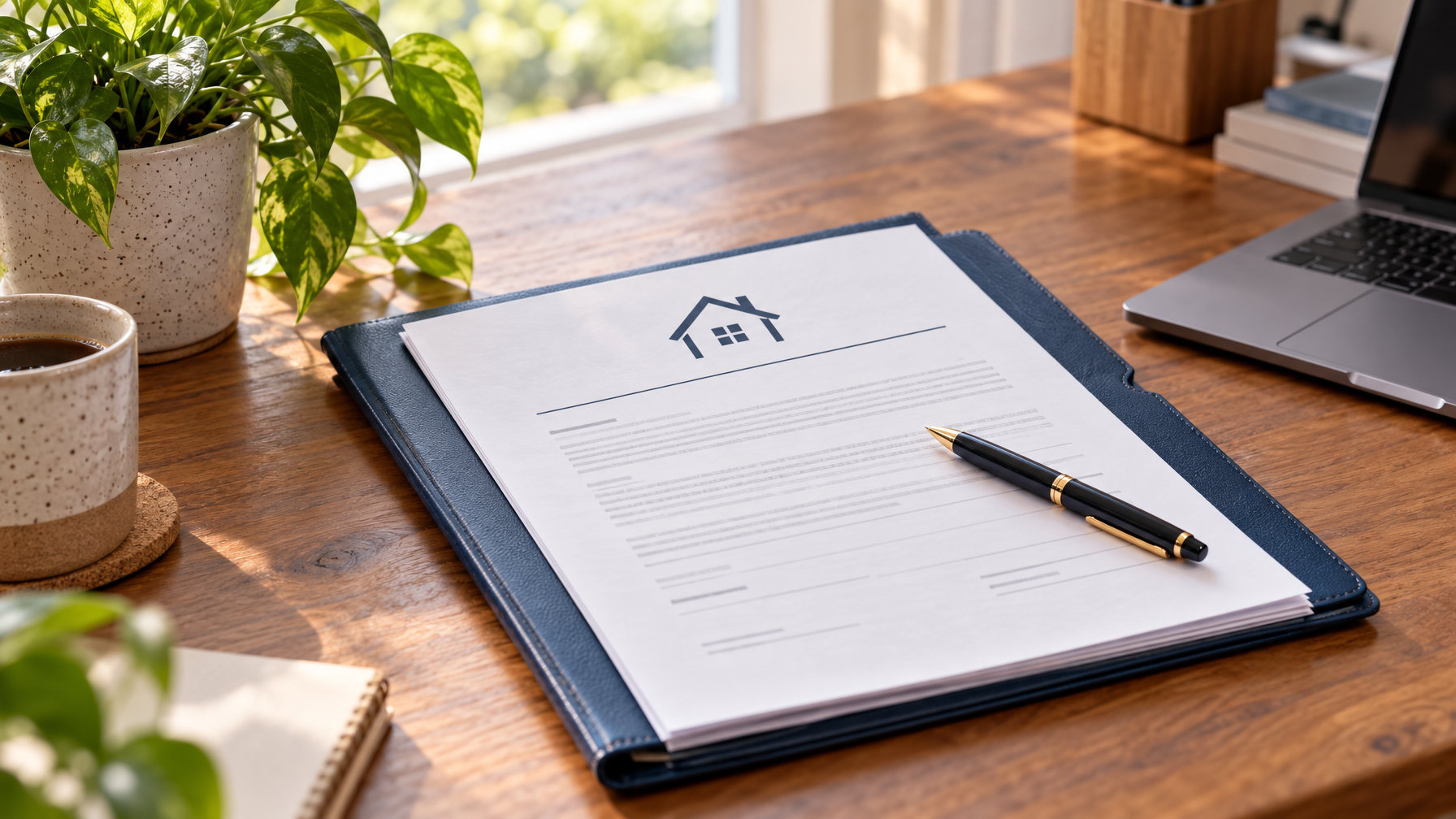 Rental agreement folder and pen on a wooden desk beside a houseplant