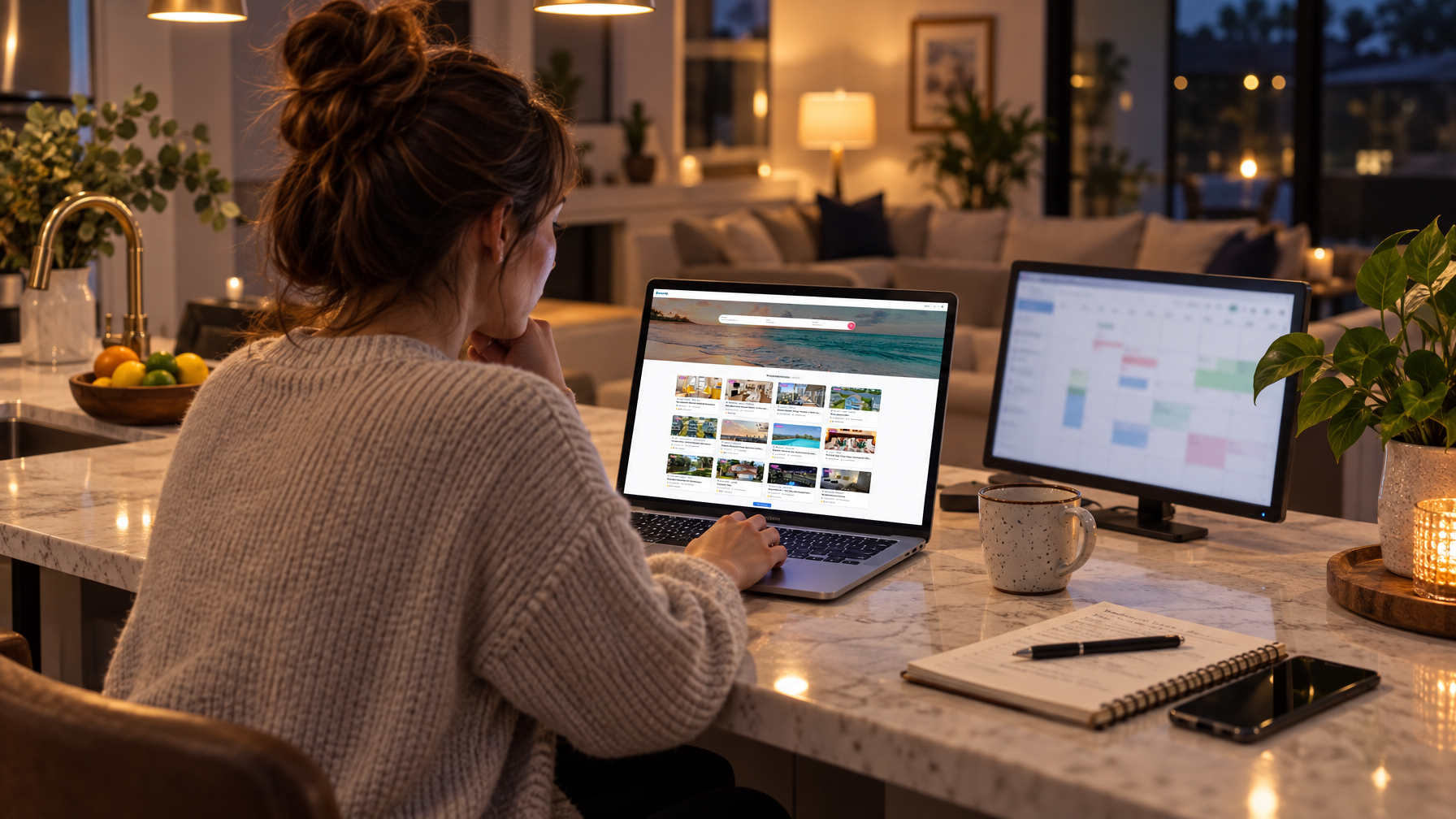 Host working at a kitchen island with a laptop and a second screen showing a blurred calendar