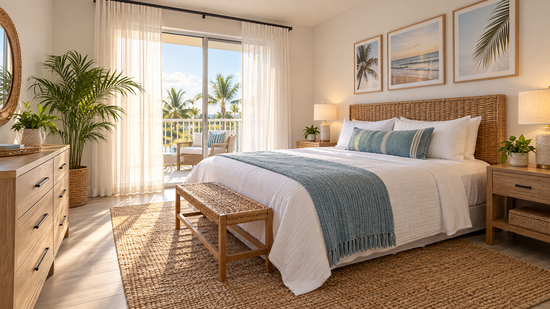 Empty midweek vacation rental bedroom with made bed and afternoon light through sheer curtains