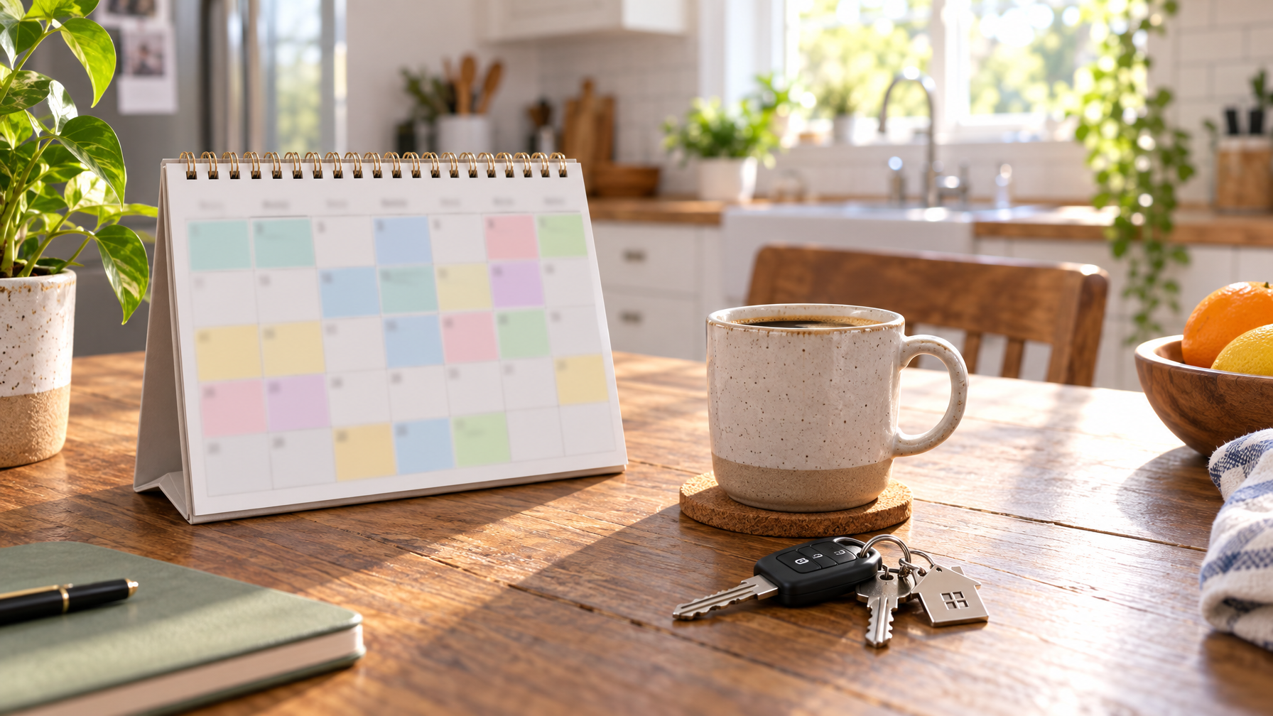 Desk calendar with color-blocked weeks, coffee mug, and house keys on a bright kitchen table