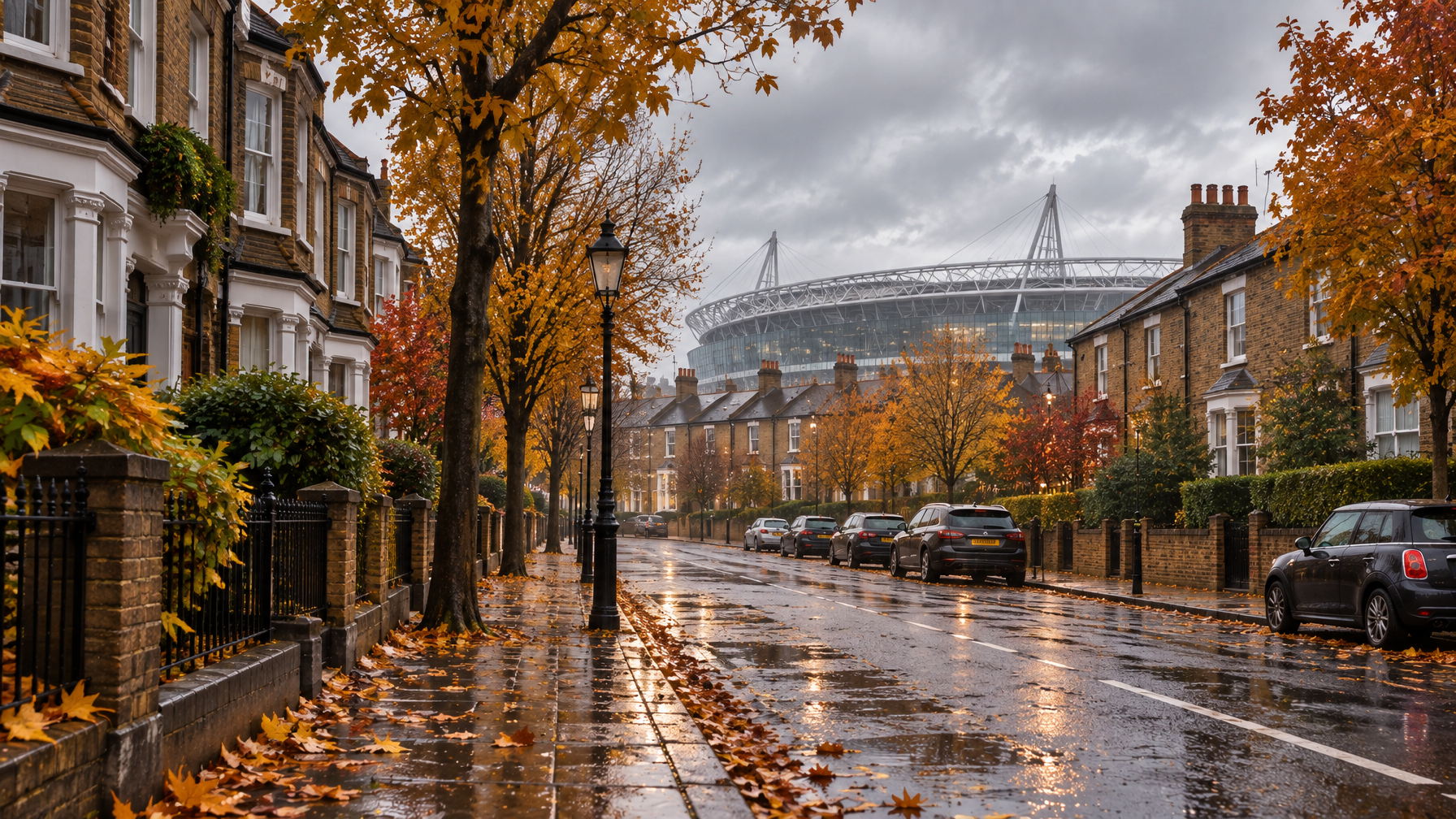 North London brick terrace street in autumn with a distant stadium silhouette and wet pavement