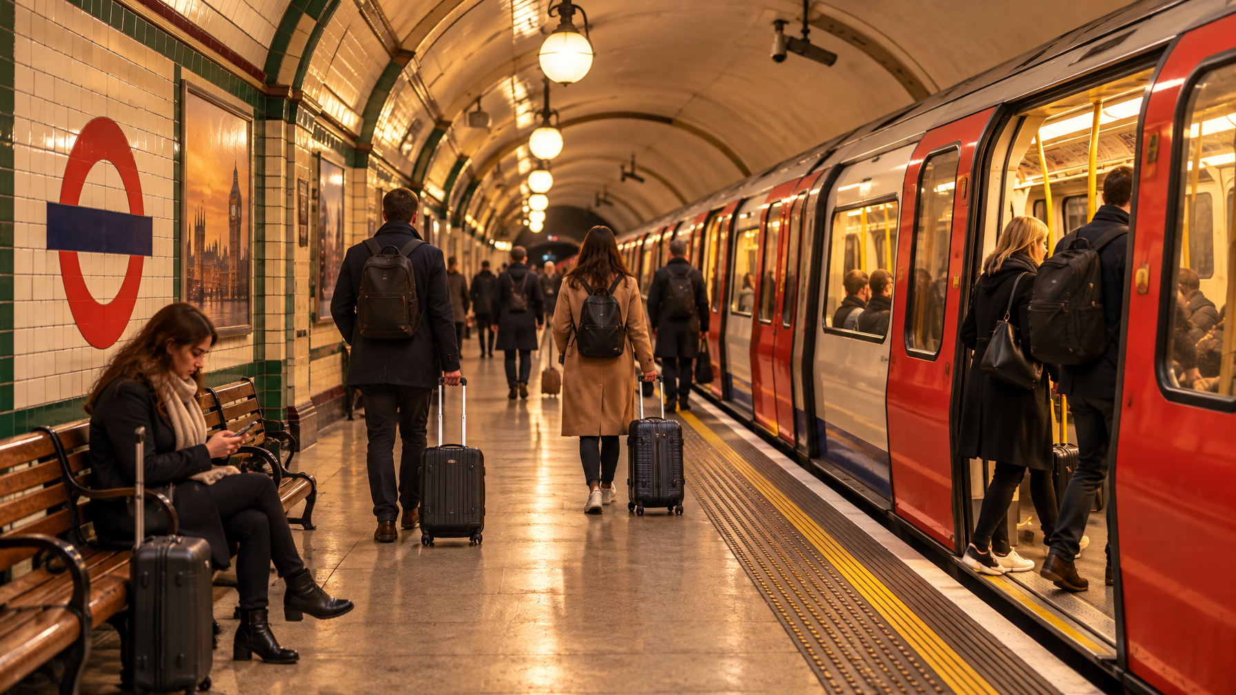 London Underground platform with travelers and small suitcases, warm tiled interior