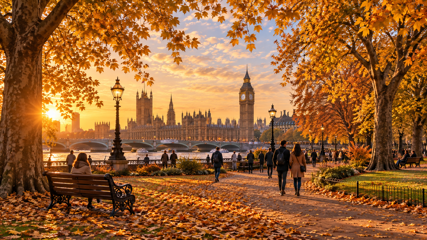 London park in autumn with golden leaves and walkers
