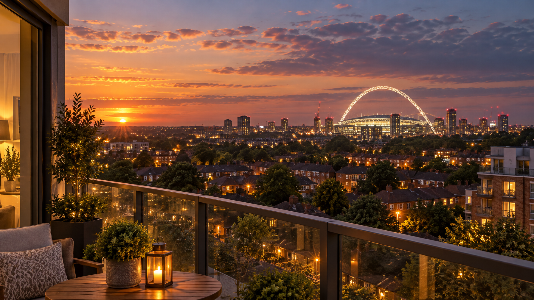 Dusk view from a residential balcony toward a large white stadium arch in northwest London