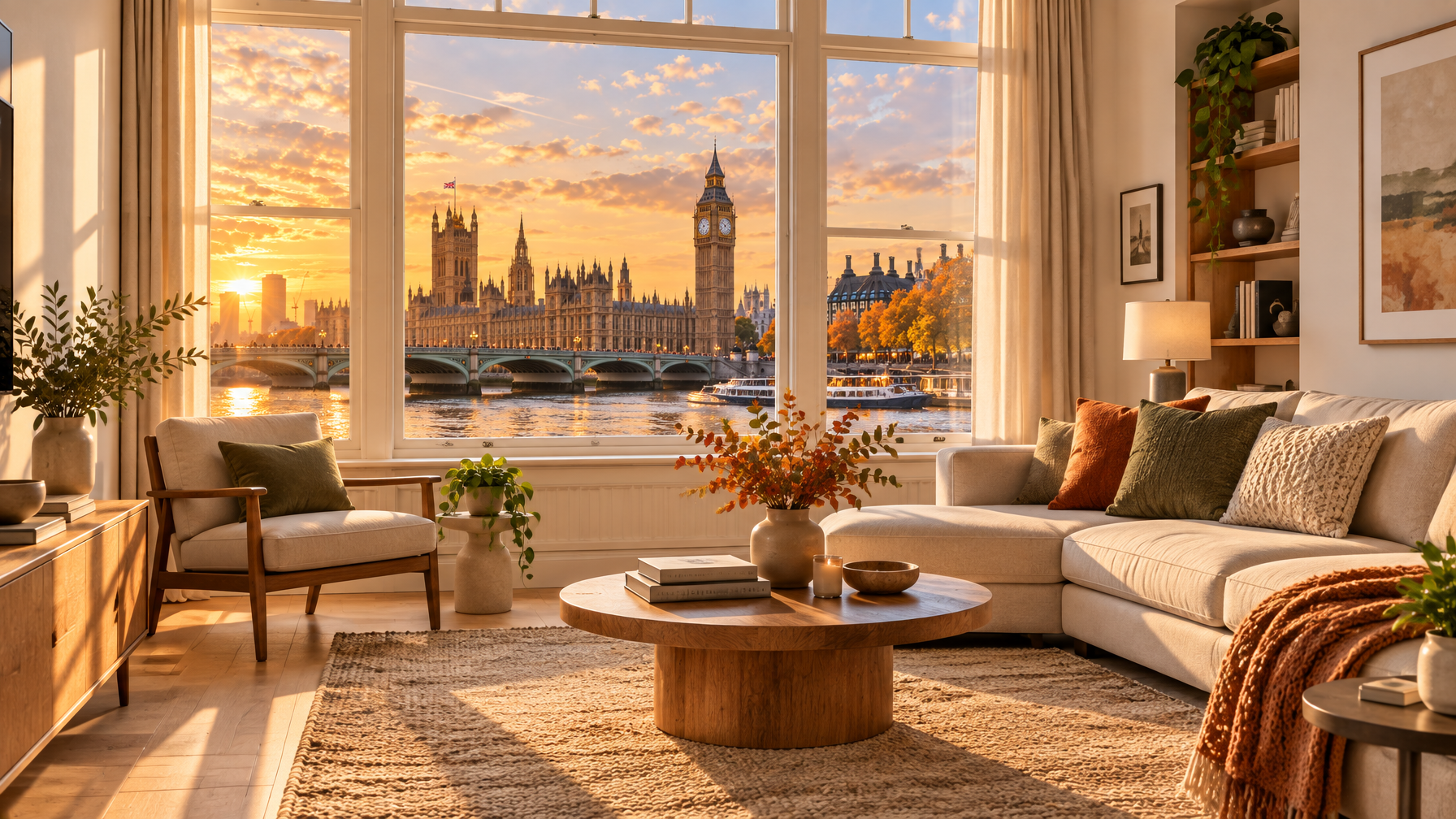 Bright London vacation rental living room with large windows and autumn light
