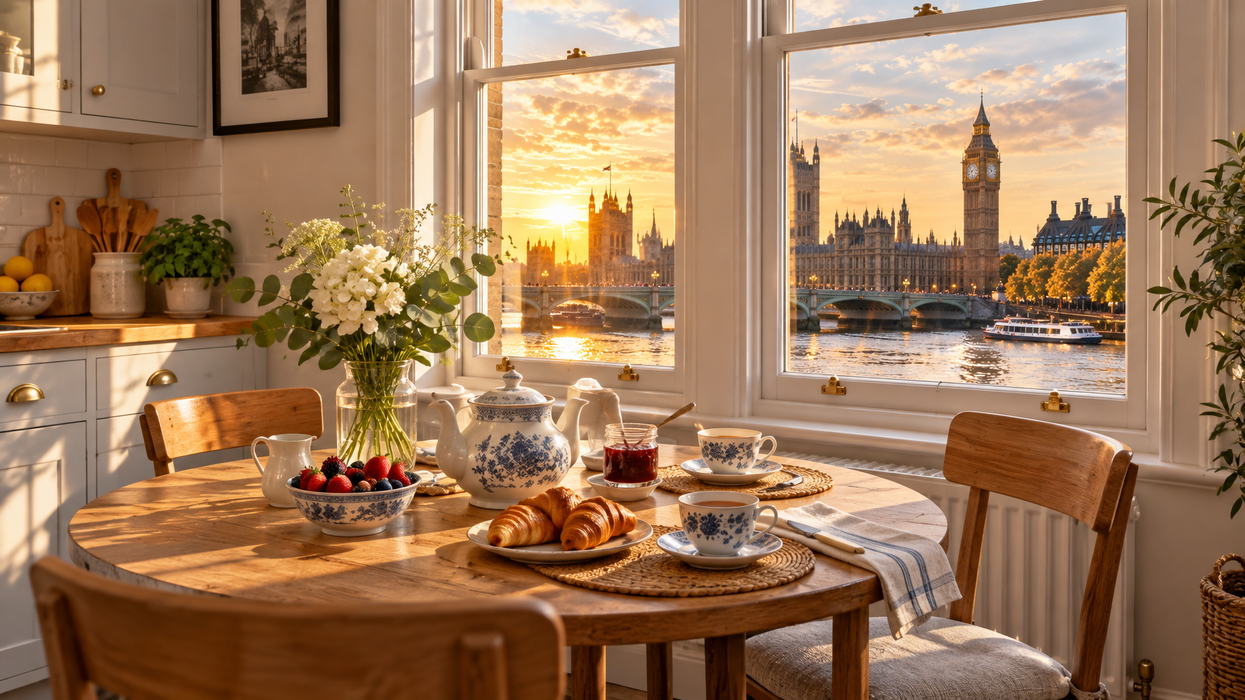 Compact London kitchen breakfast table with tea in morning sash-window light