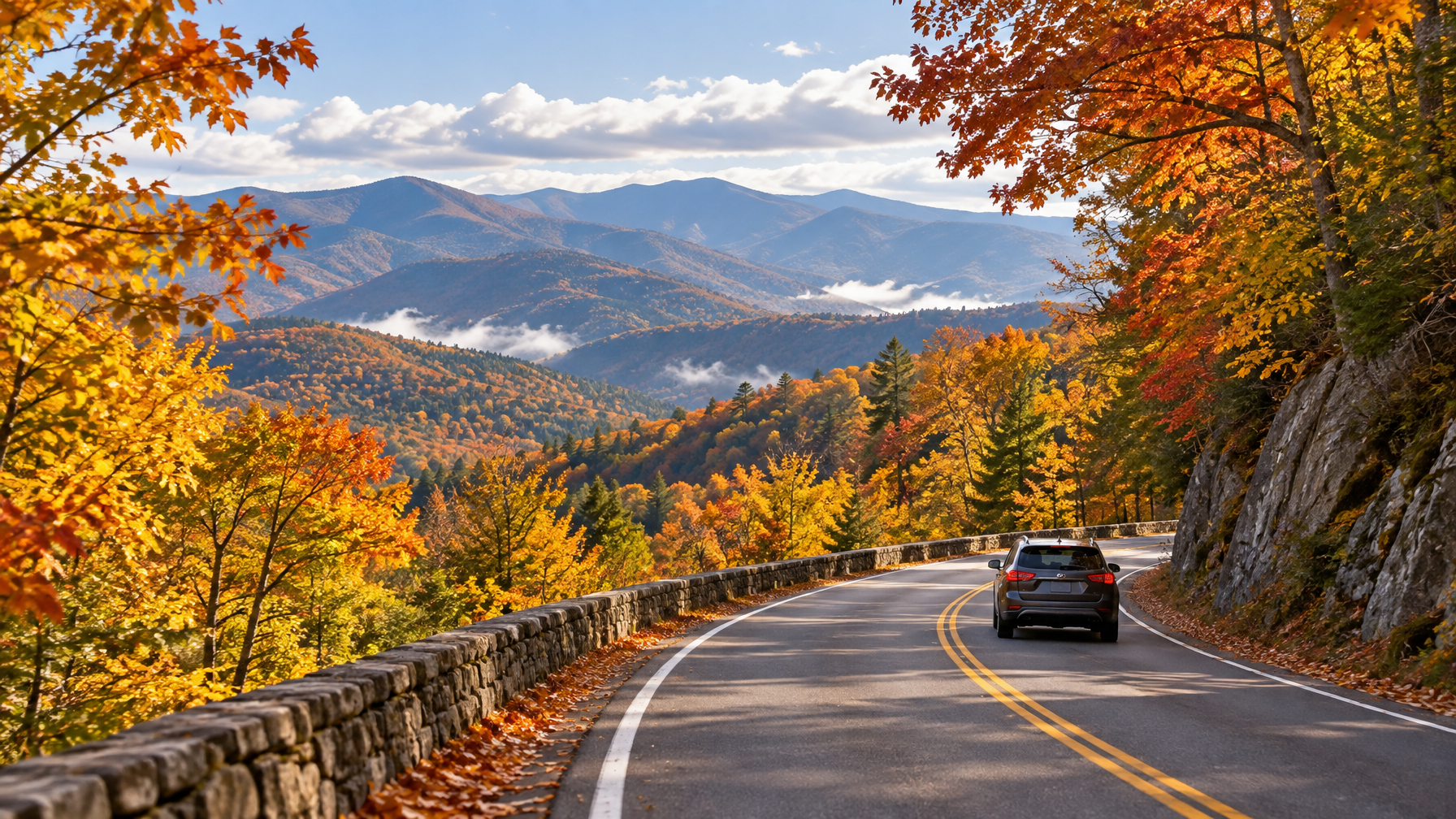 Winding Great Smoky Mountains park road through dense October autumn forest