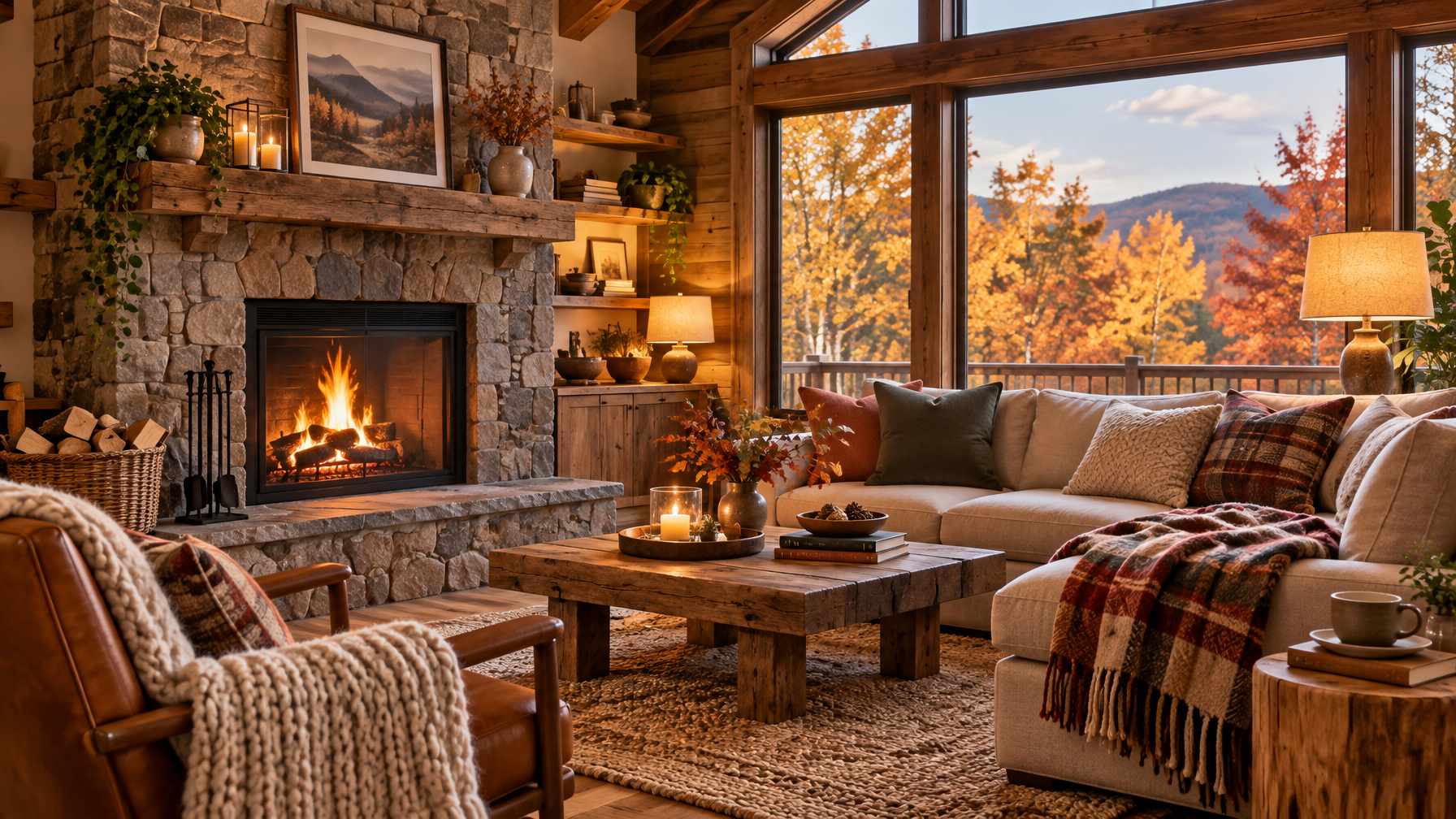 Cozy cabin living room with stone fireplace, wool throws, and windows showing fall foliage