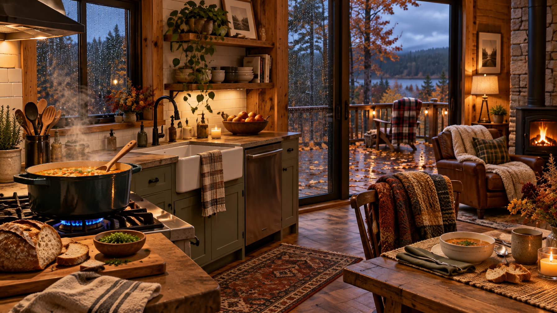 Cabin kitchen at dusk with soup on the stove, extra blankets, rain on the windows, and fall leaves on the deck