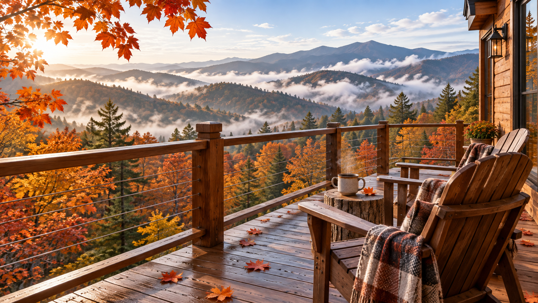 Wooden cabin deck with Adirondack chairs, coffee mug, and autumn maple leaves overlooking misty Smokies