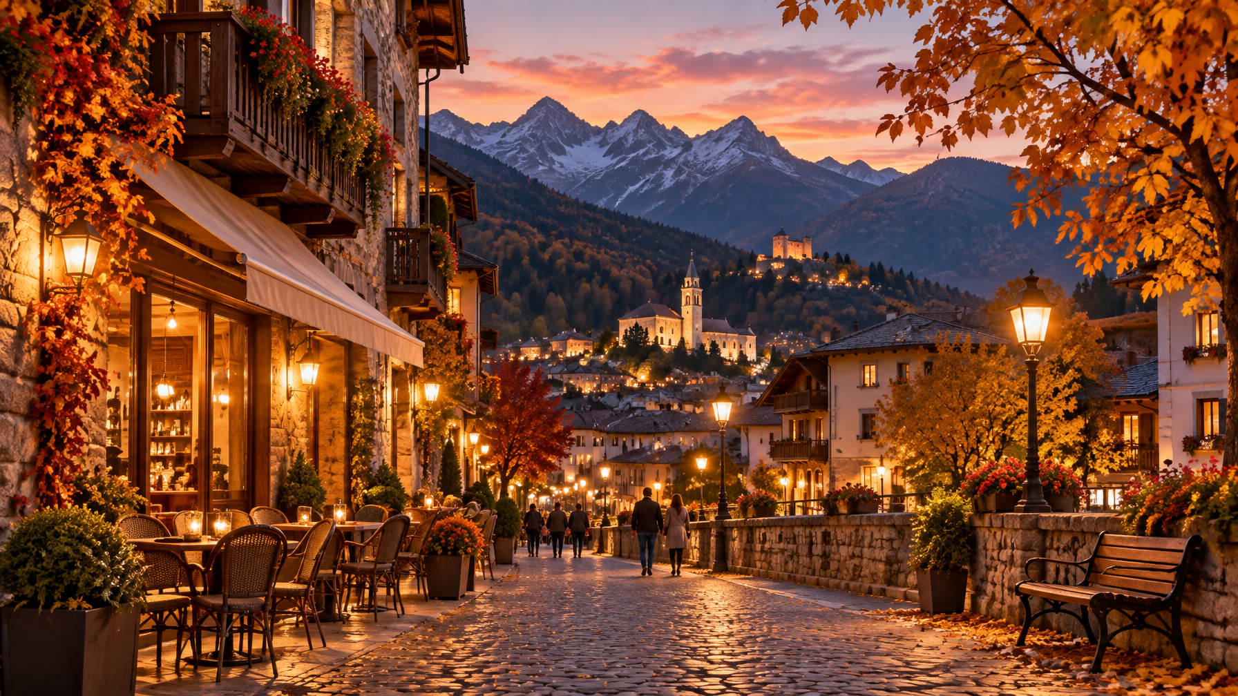 Mountain town street at autumn dusk with warm lights and ridgelines behind the buildings
