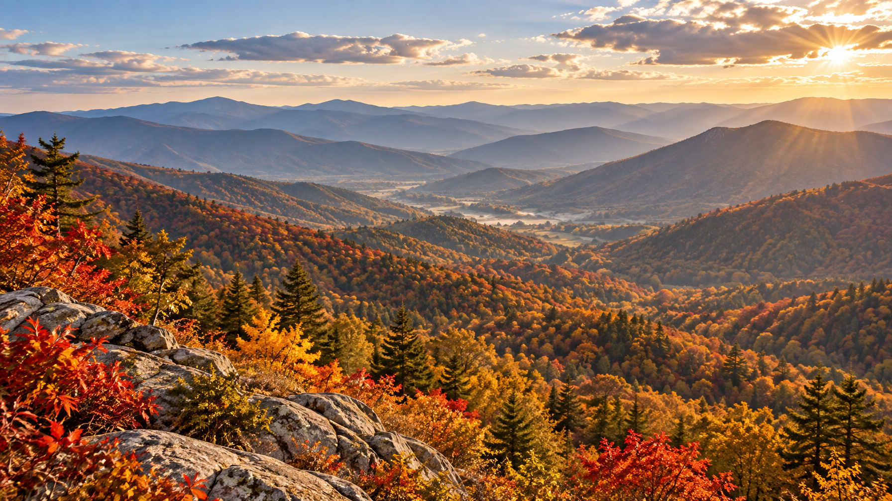 Layered Great Smoky Mountains ridges in peak red gold and russet fall color with blue haze