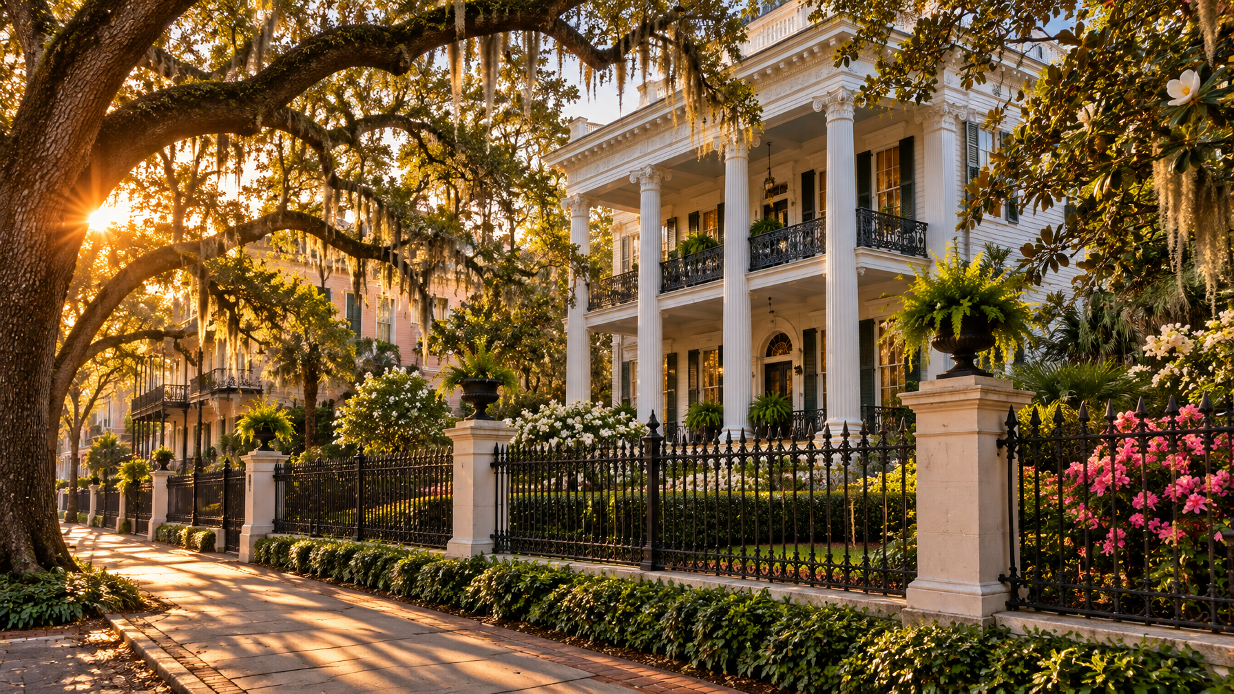 Grand white Garden District mansion behind live oaks and a black iron fence in late afternoon light