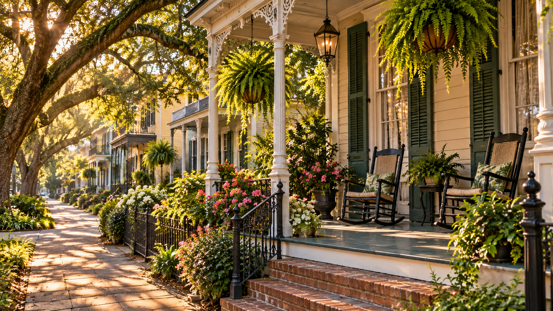Quiet Mid-City cottage porch with rocking chairs and oak trees in morning light