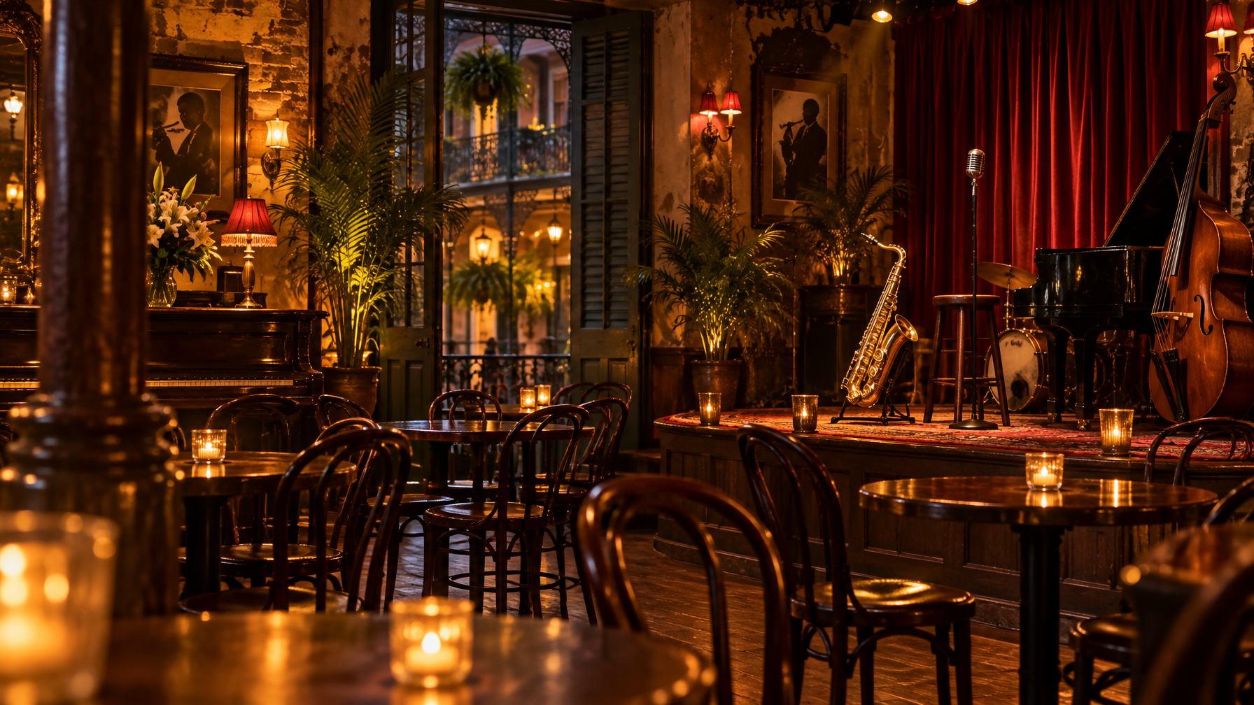 Intimate jazz club interior with warm amber light and a brass saxophone on a small stage
