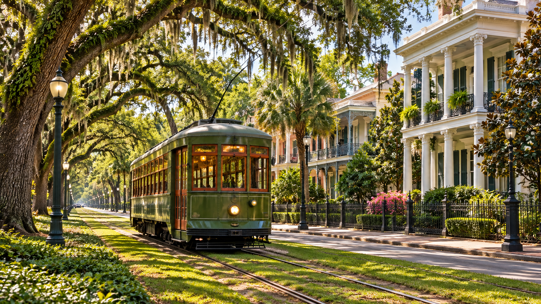 Green New Orleans streetcar on a tree-lined avenue with historic houses in daylight