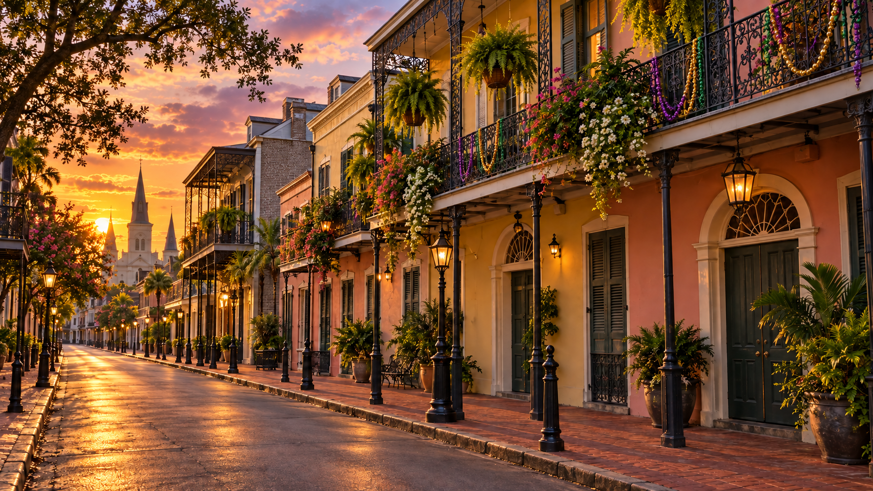 Wrought-iron French Quarter balcony with ferns and purple, gold, and green beads at dusk