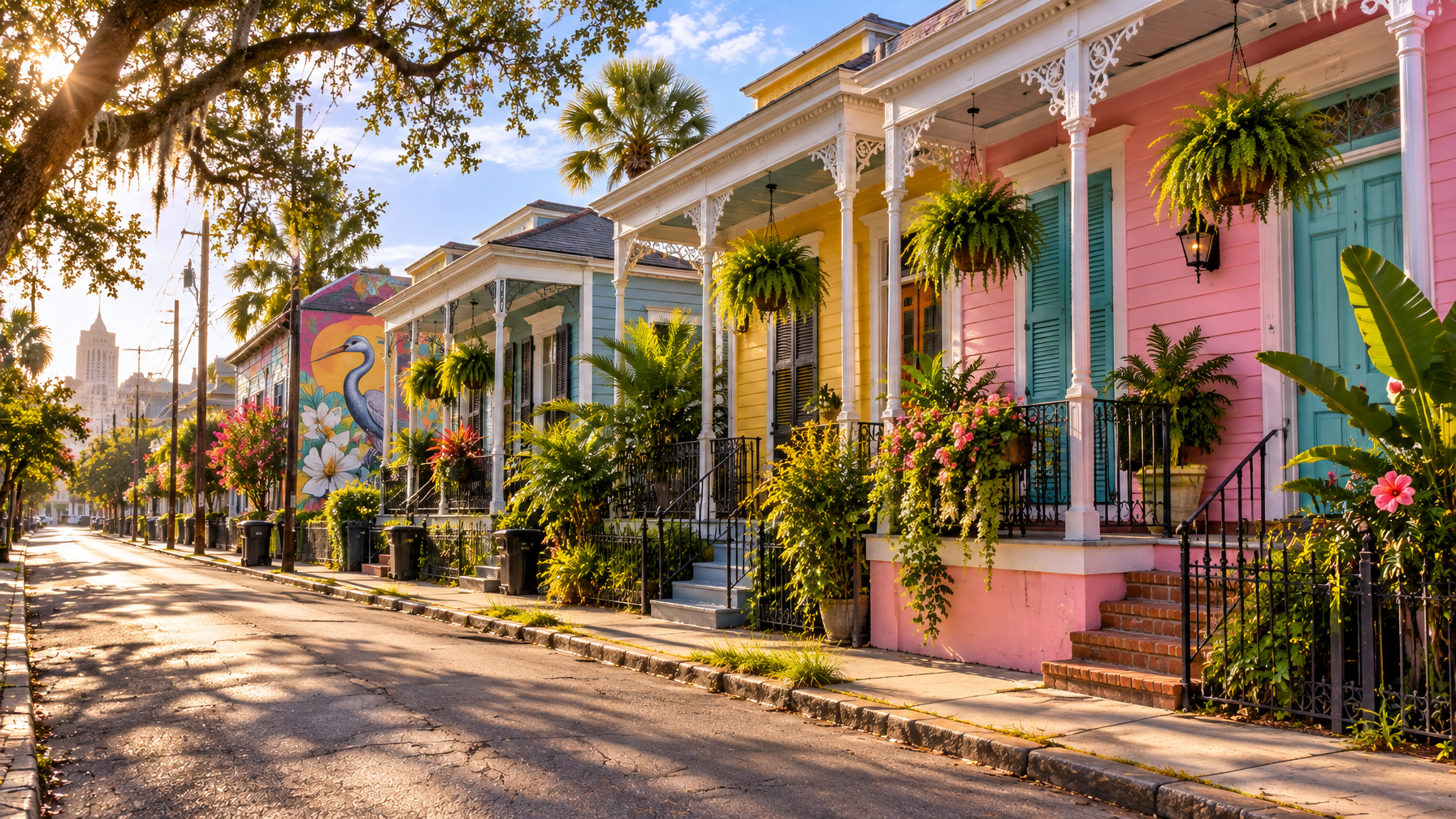 Colorful Bywater shotgun houses in pink, yellow, and teal on a quiet morning street