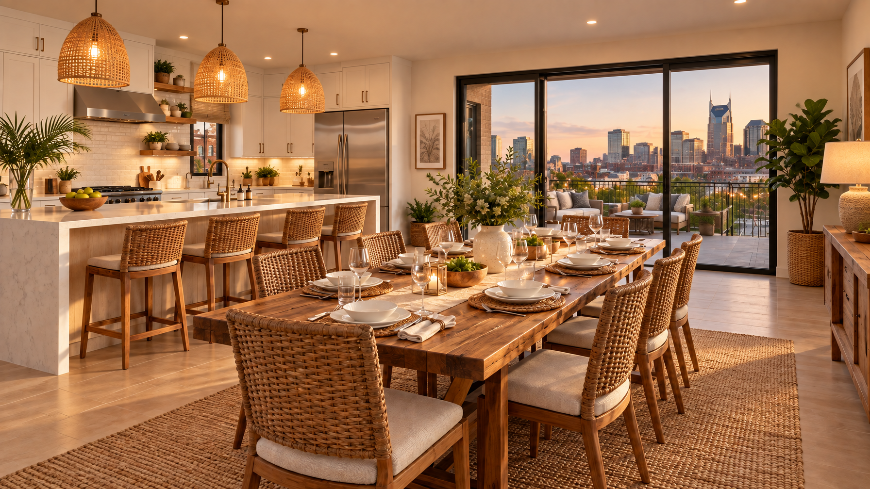 Open kitchen and long wood dining table set for a group, Nashville skyline visible through sliding glass doors
