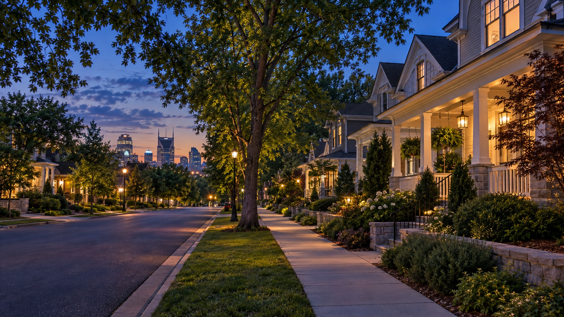 Quiet residential street at blue hour with lit porches, empty sidewalk, and downtown towers in the distance