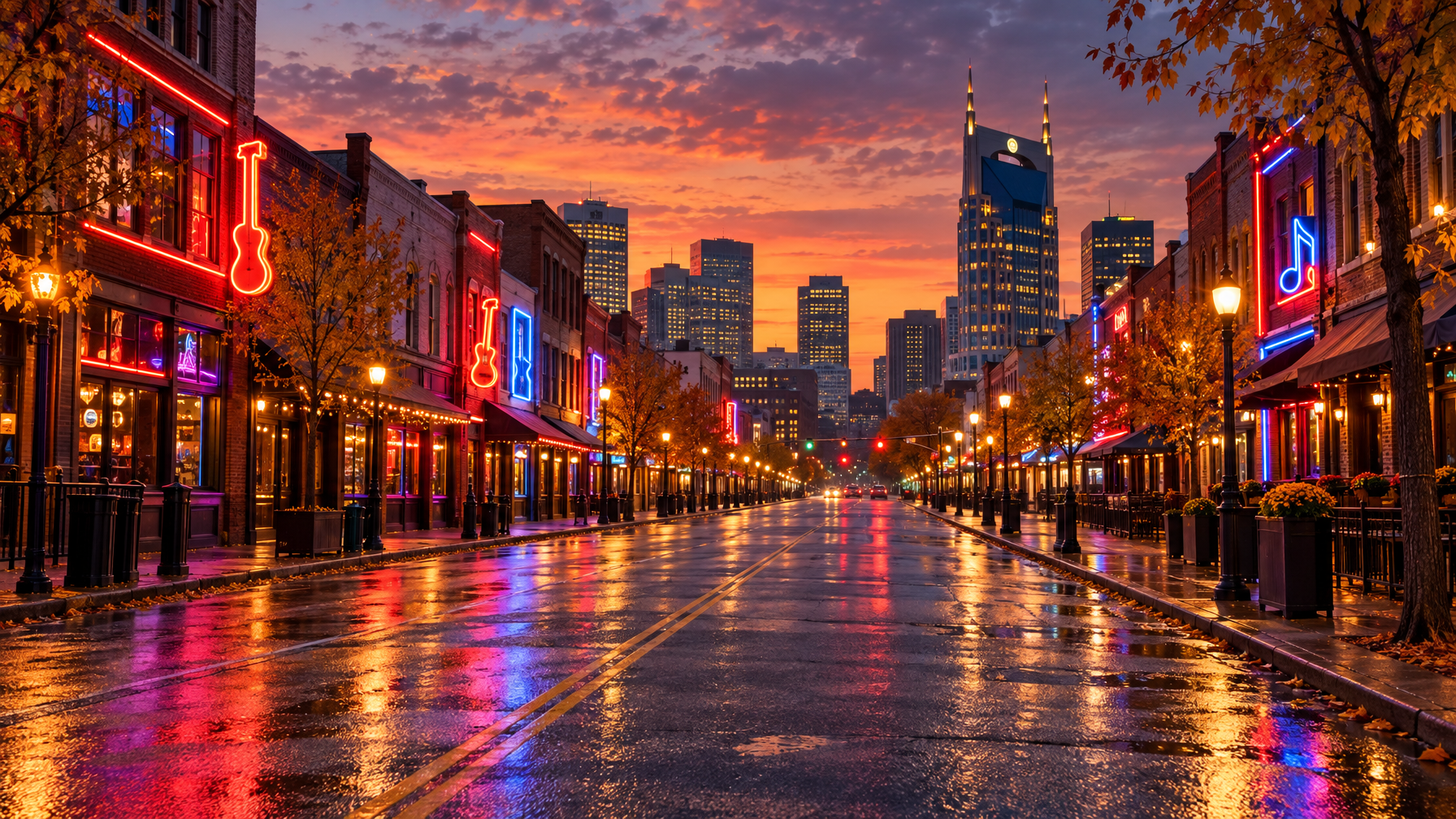 Wet downtown Nashville street at dusk with neon guitar and music-note signs, autumn trees, and the skyline at the end of the block