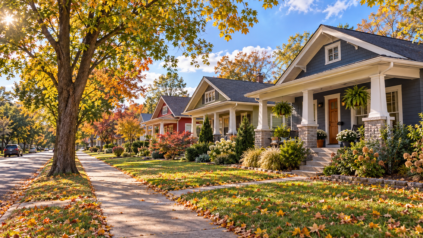 Craftsman bungalows with fall leaves on a sidewalk, blue porch in the foreground, empty street