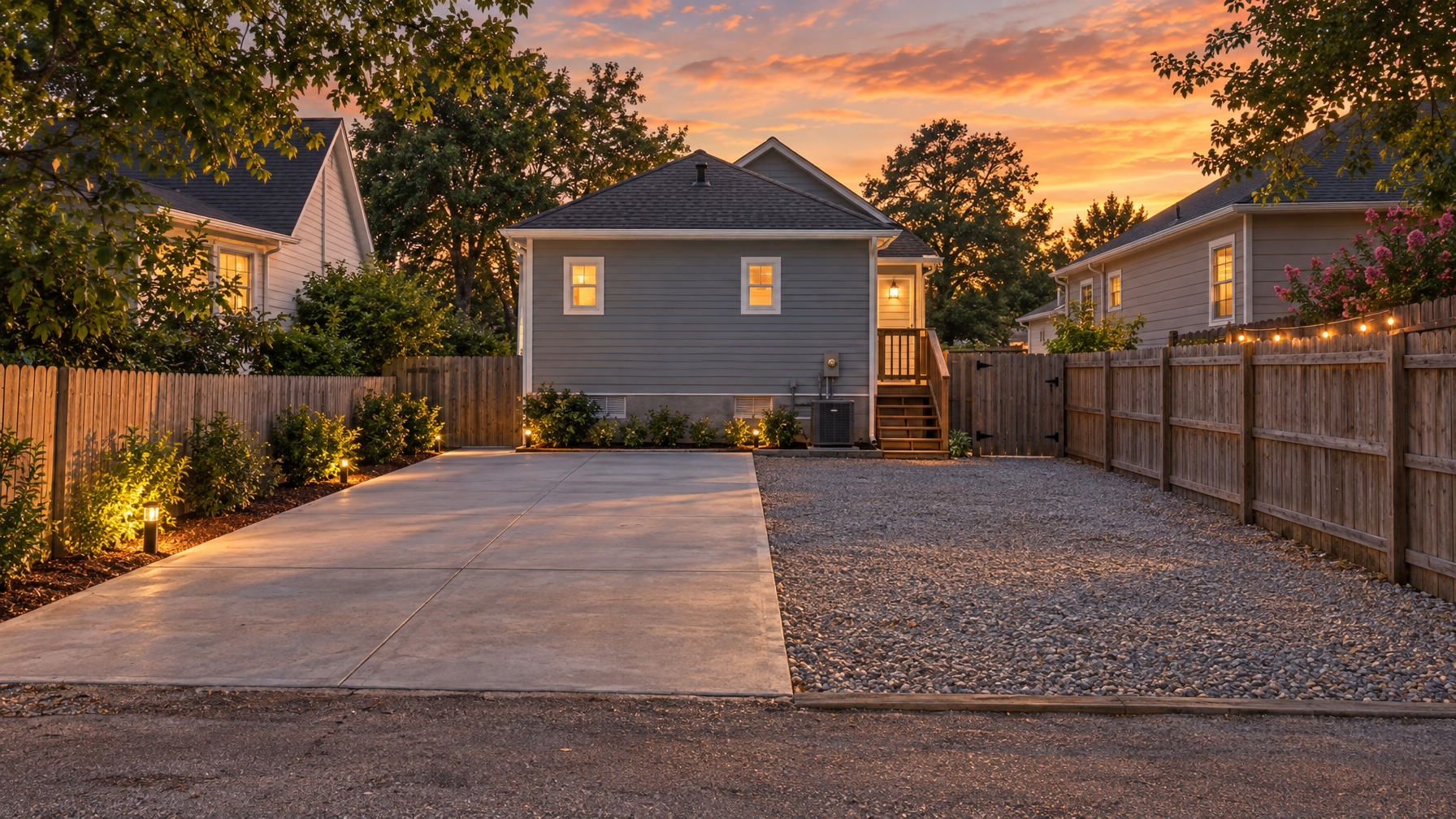 Empty concrete driveway and gravel parking pad behind a gray house at sunset, wood fences, no cars
