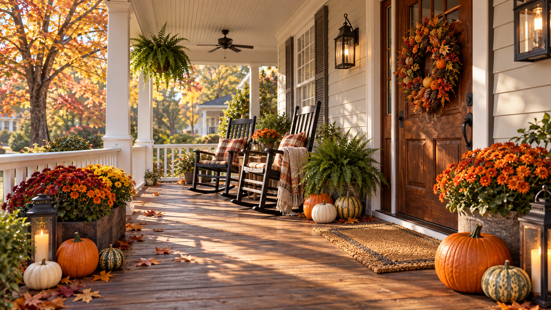 Covered Southern porch with rocking chairs, pumpkins, mums, ferns, and a fall wreath on a wood door
