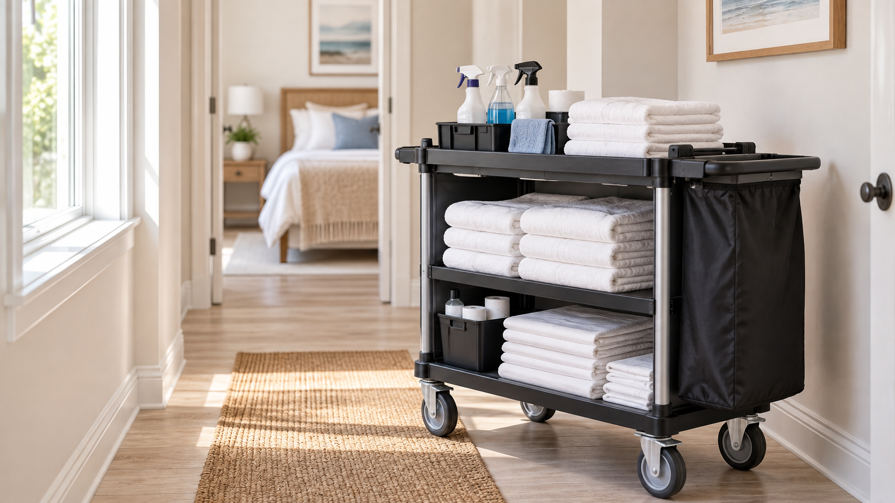 Black hospitality cart with spray bottles, stacked white towels, and a linen bag in a bright rental hallway